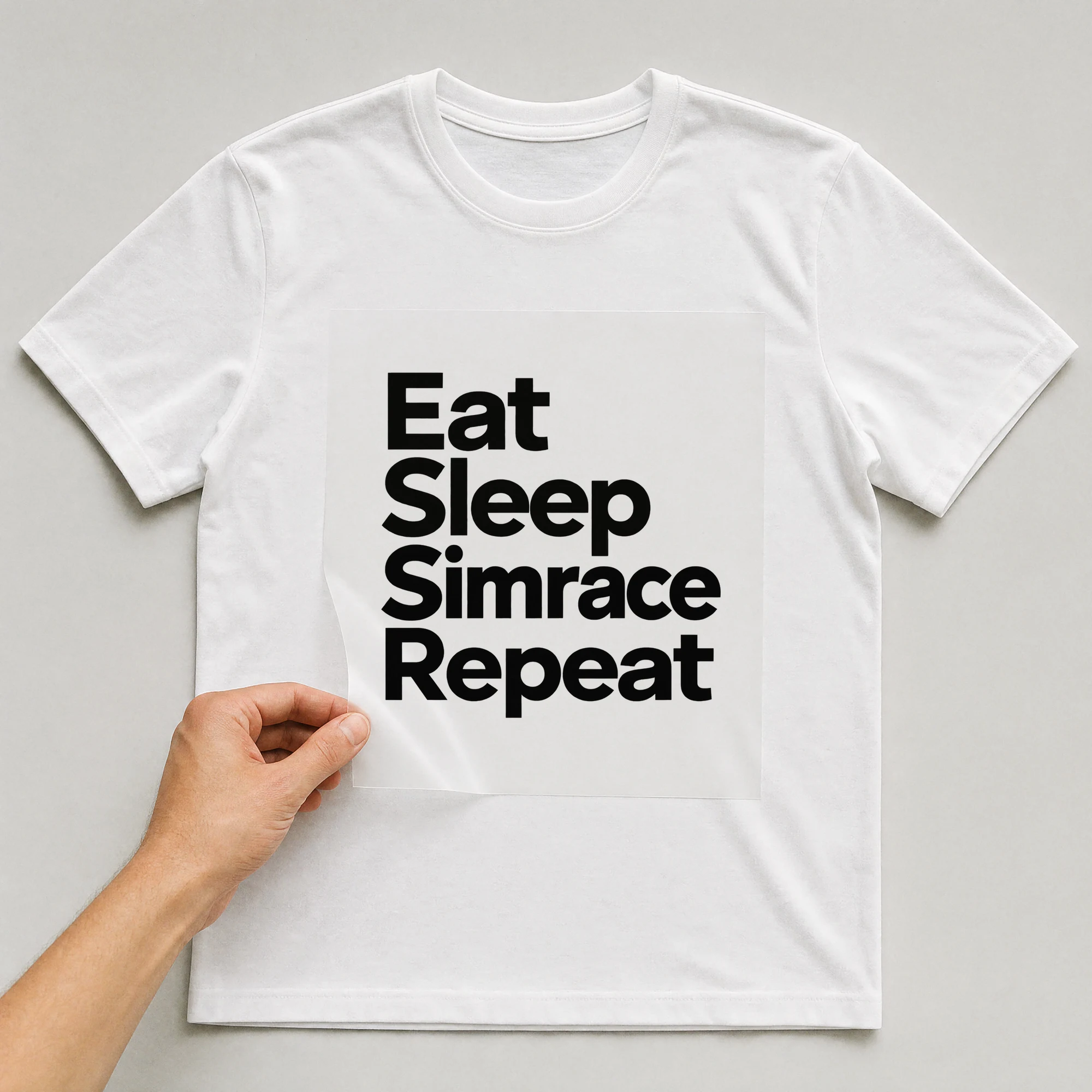 Bügelbild „Eat Sleep Simrace Repeat“ auf weißem T-Shirt, Folie wird aufgelegt