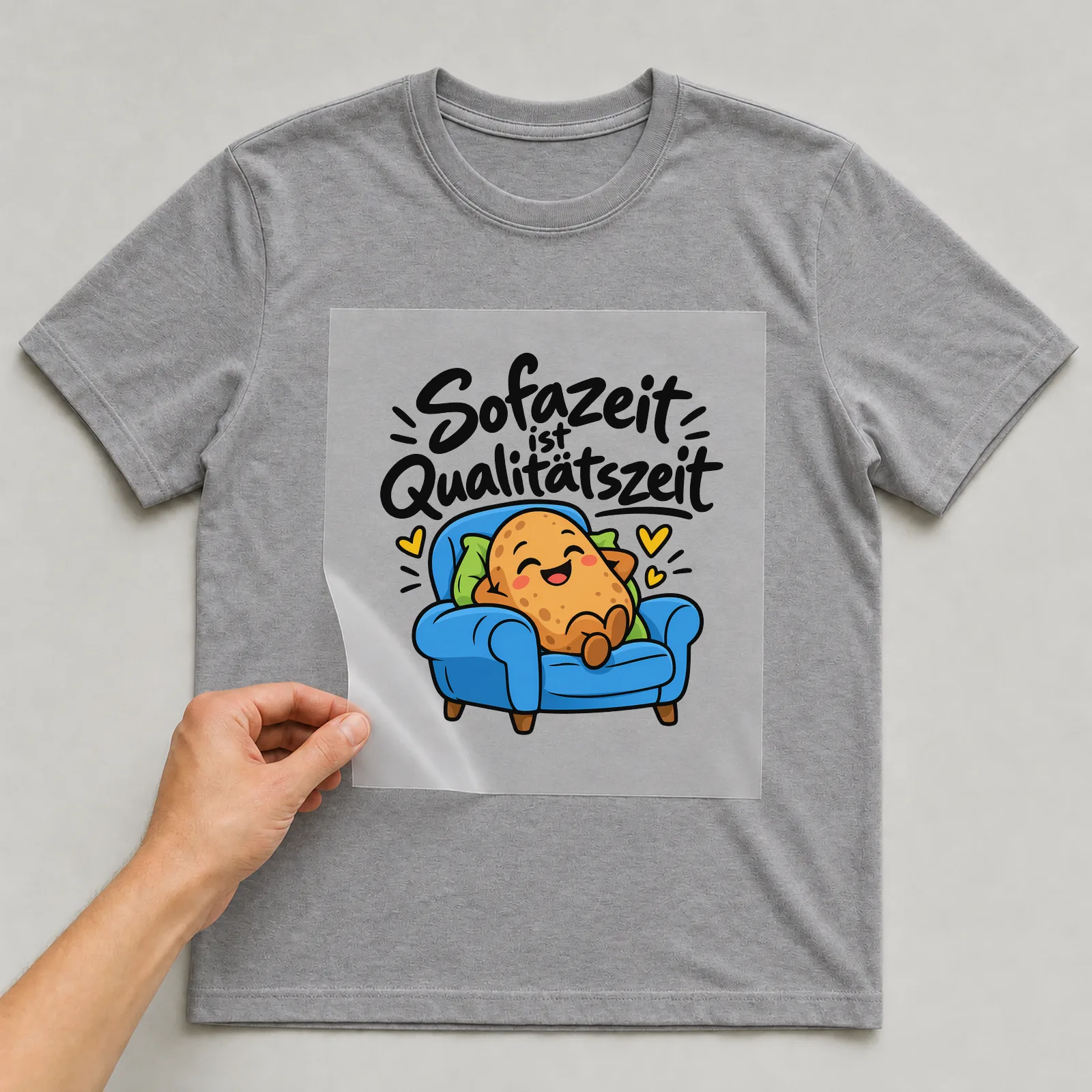 Bügelbild „Sofazeit ist Qualitätszeit“ auf grauem T-Shirt, Folie wird aufgelegt