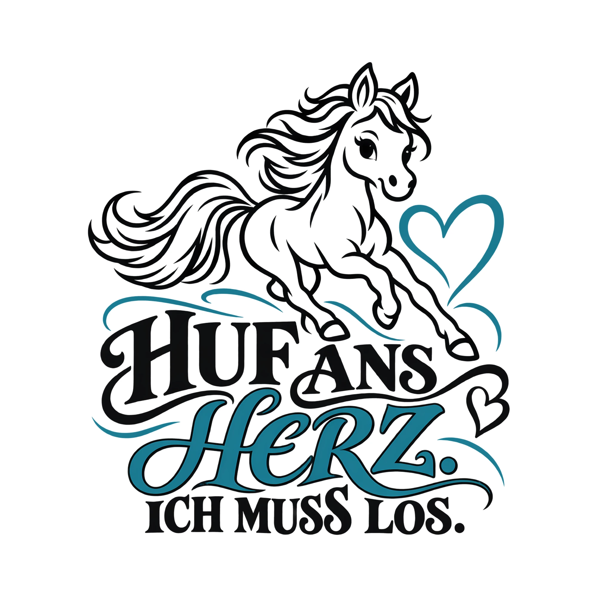 Bügelbild HUF ANS HERZ. ICH MUSS LOS. als Grafik auf weißem Hintergrund (BB013365)