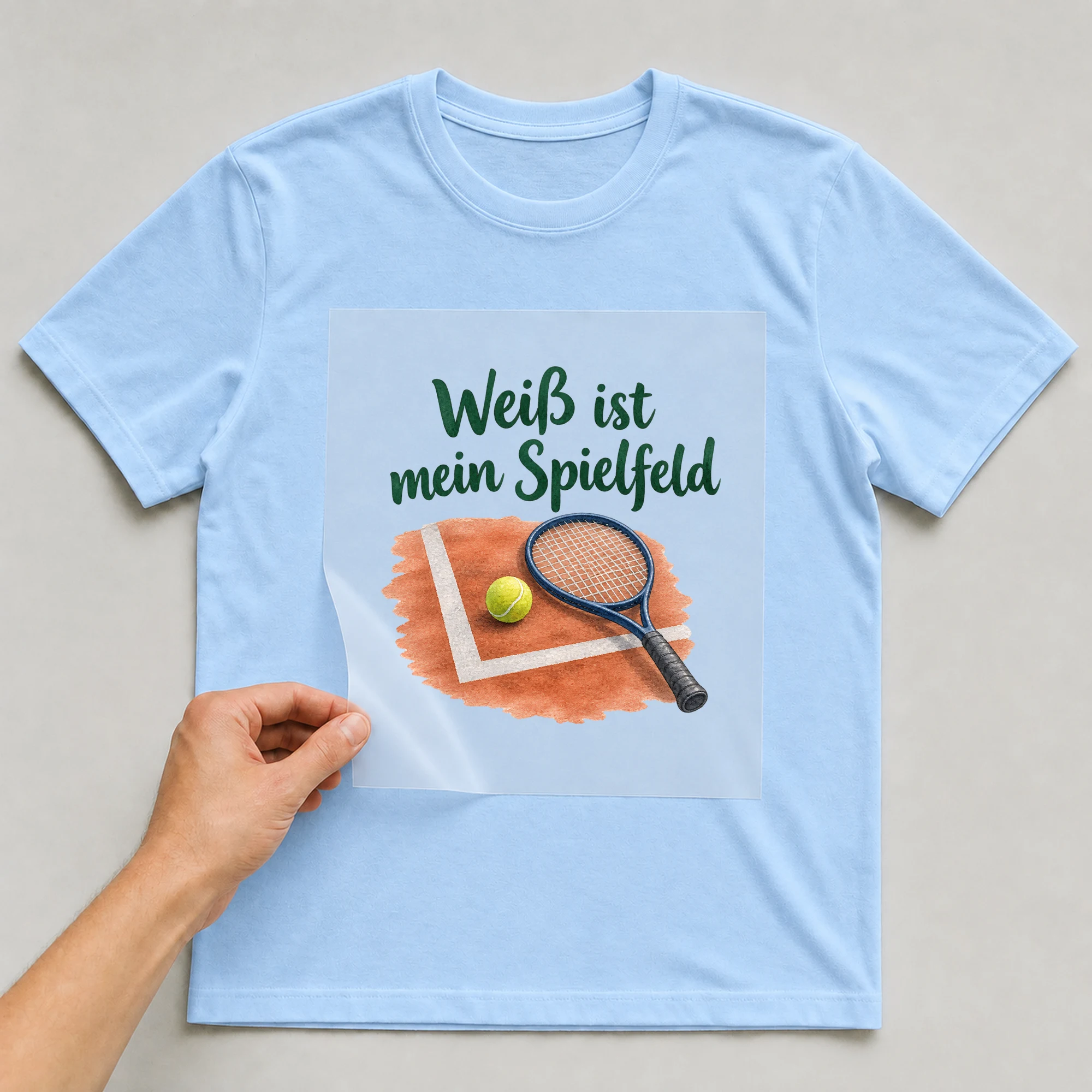Bügelbild „Weiß ist mein Spielfeld“ auf babyblauem T-Shirt, Folie wird aufgelegt