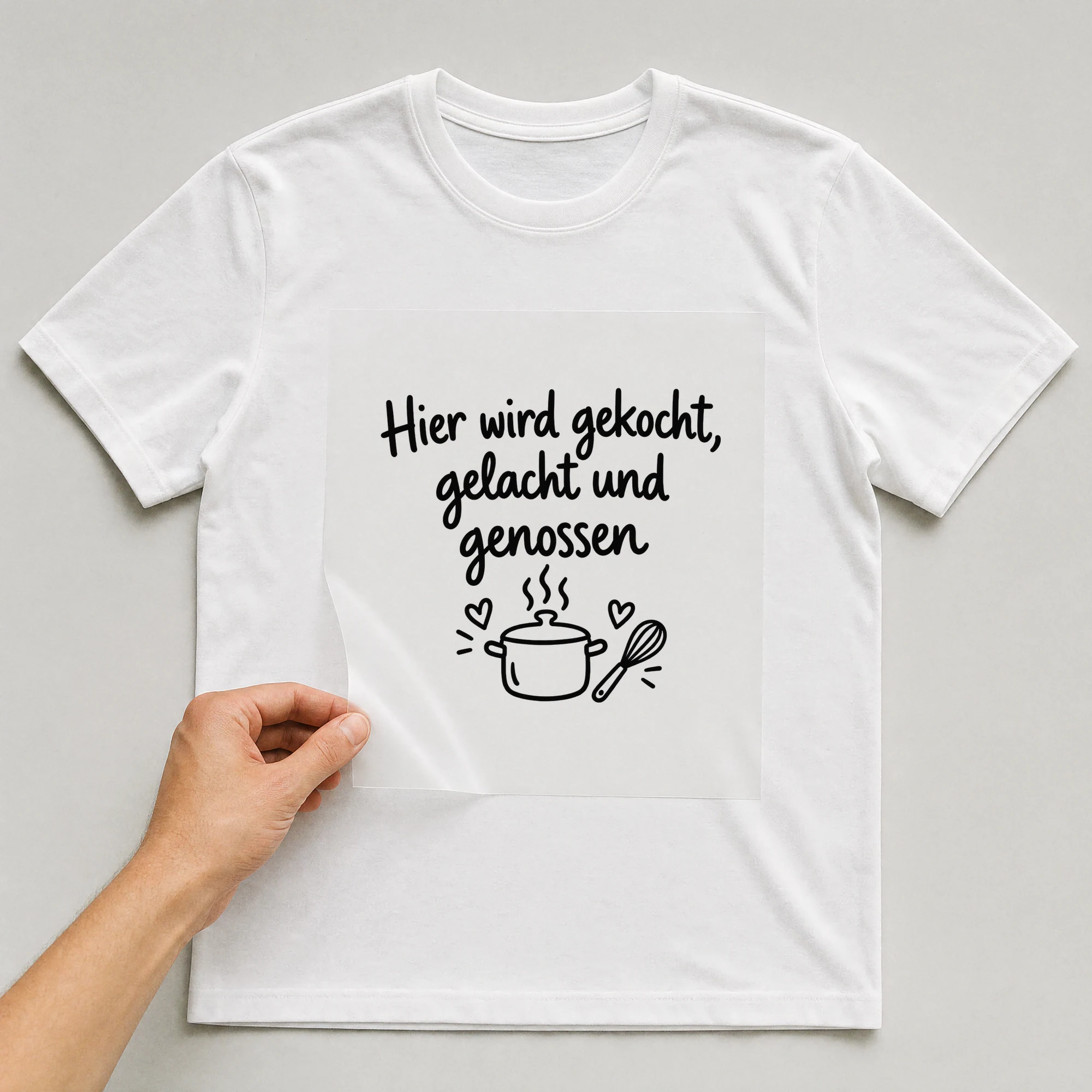 Bügelbild „Hier wird gekocht, gelacht und genossen“ auf weißem T-Shirt, Folie wird aufgelegt