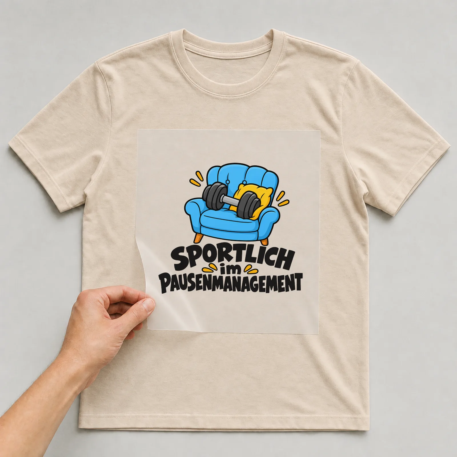 Bügelbild „SPORTLICH im PAUSENMANAGEMENT“ auf beigem T-Shirt, Folie wird aufgelegt