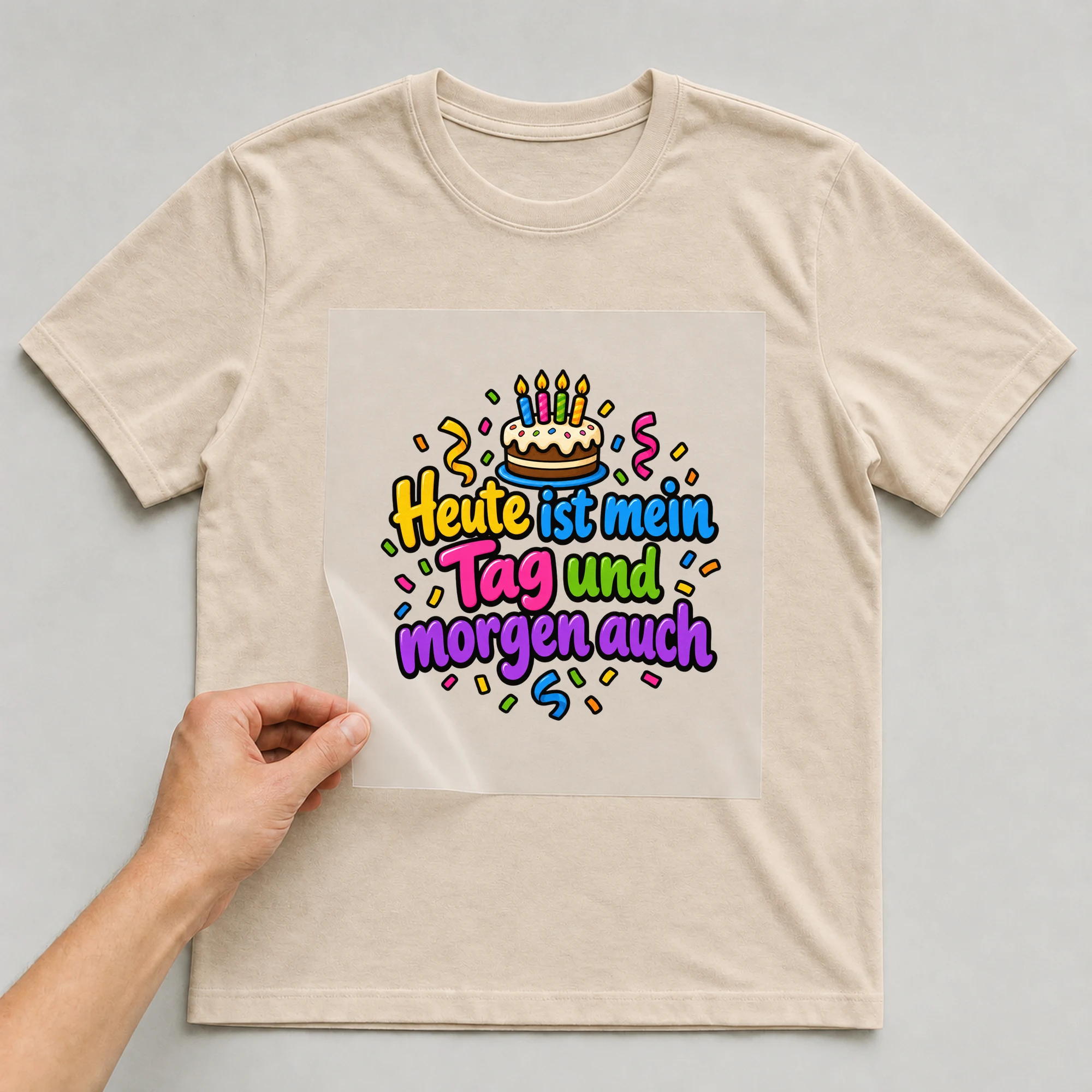 Bügelbild „Heute ist mein Tag und morgen auch“ auf beigem T-Shirt, Folie wird aufgelegt