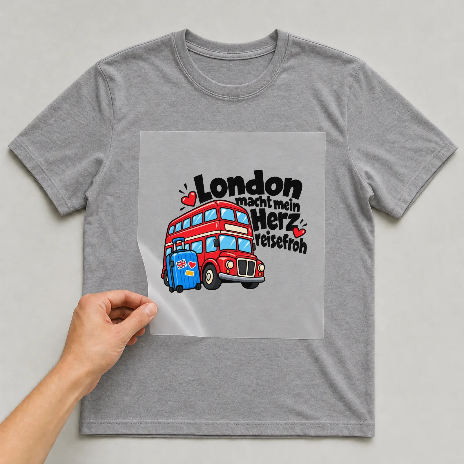 Bügelbild „London macht mein Herz reisefroh“ auf grauem T-Shirt, Folie wird aufgelegt