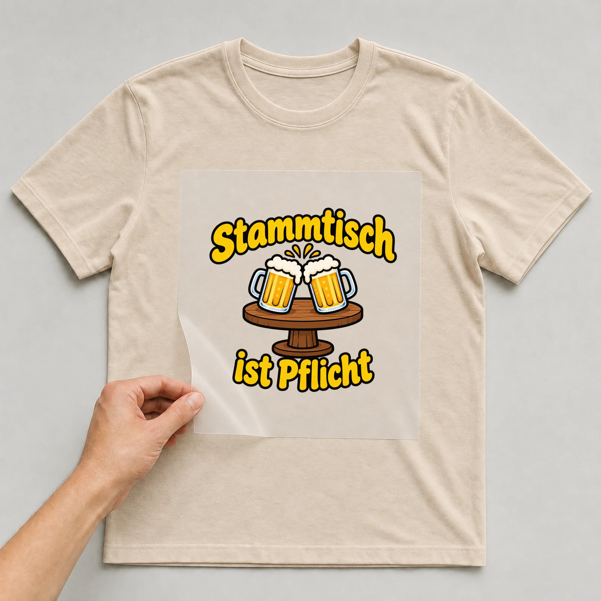 Bügelbild „Stammtisch ist Pflicht“ auf beigem T-Shirt, Folie wird aufgelegt