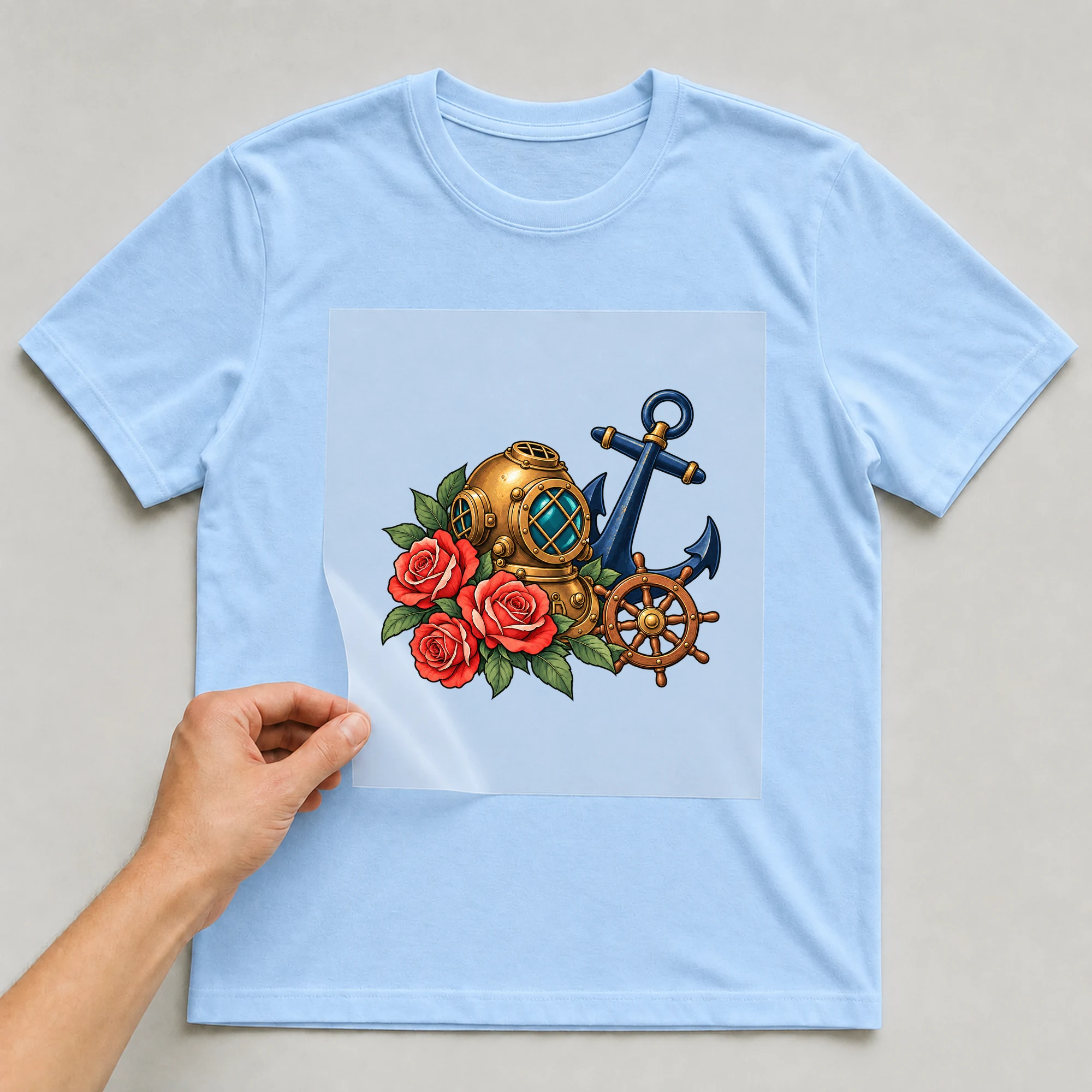 Bügelbild „Diver“ auf babyblauem T-Shirt, Folie wird aufgelegt