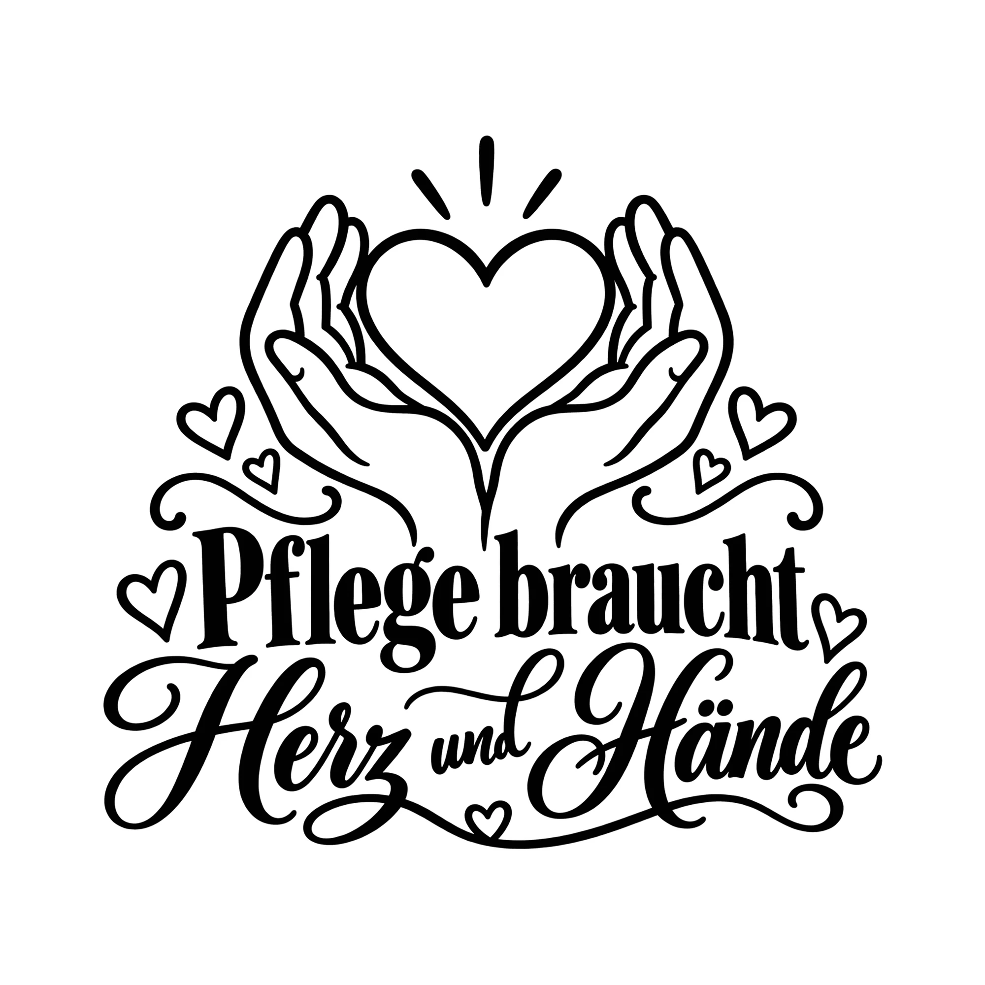 Bügelbild Pflege braucht Herz und Hände als Grafik auf weißem Hintergrund (BB011627)