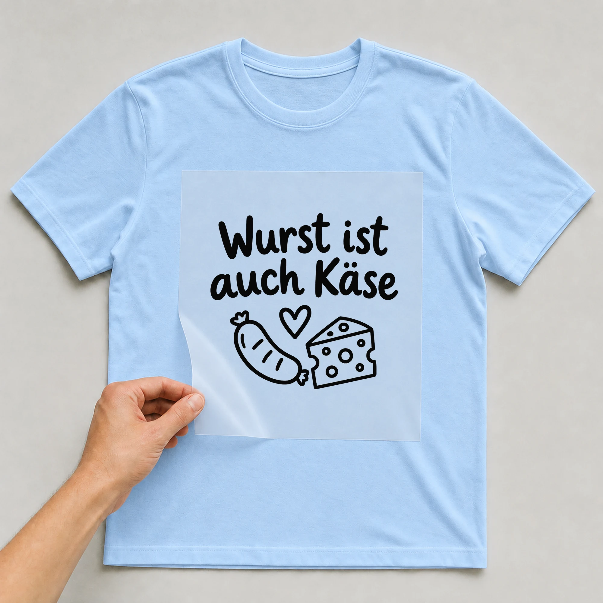Bügelbild „Wurst ist auch Käse“ auf babyblauem T-Shirt, Folie wird aufgelegt
