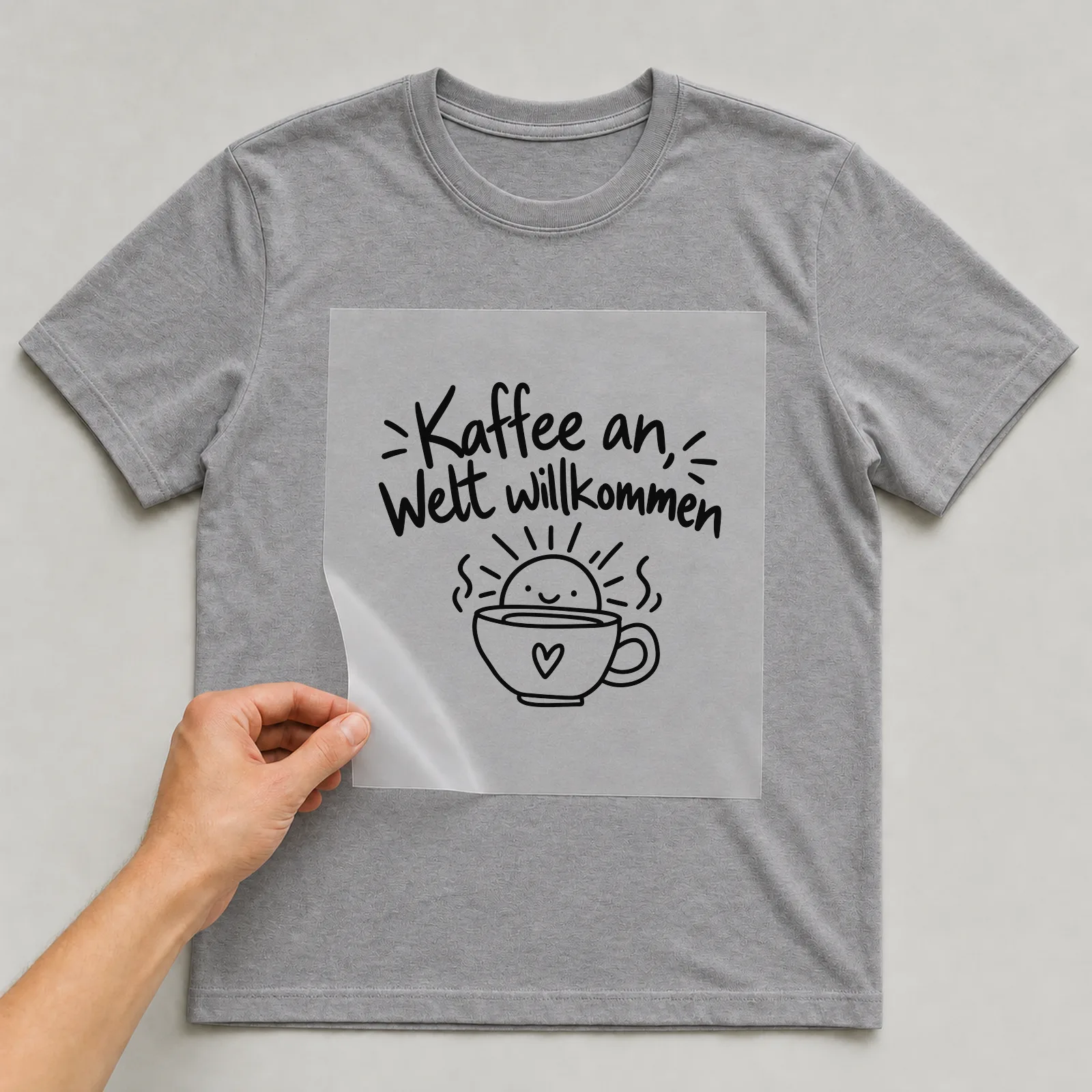 Bügelbild „Kaffee an, Welt willkommen“ auf grauem T-Shirt, Folie wird aufgelegt