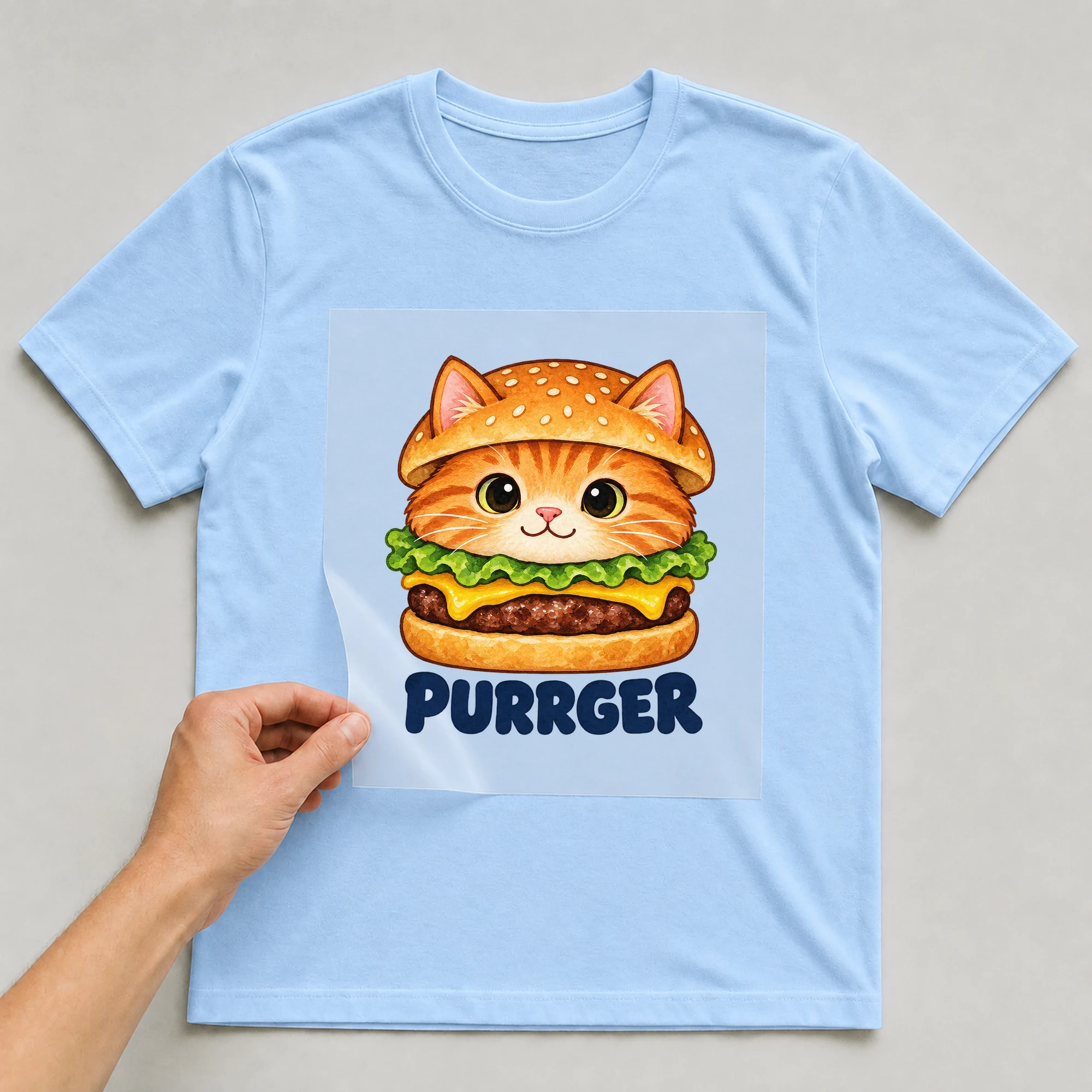 Bügelbild „PURRGER“ auf babyblauem T-Shirt, Folie wird aufgelegt
