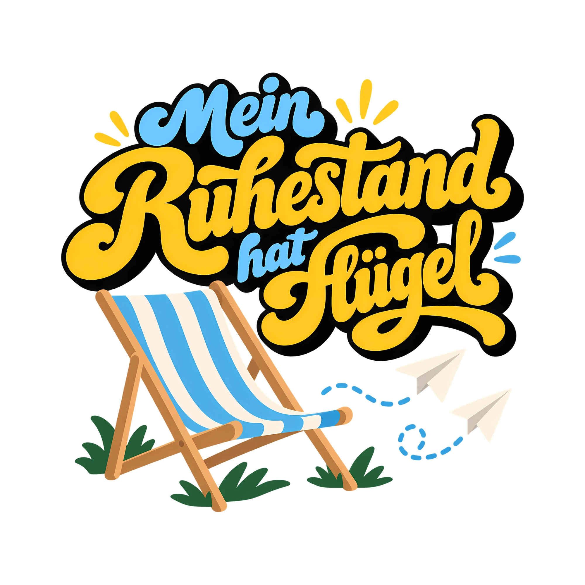 Bügelbild Mein Ruhestand hat Flügel als Grafik auf weißem Hintergrund (BB011735)