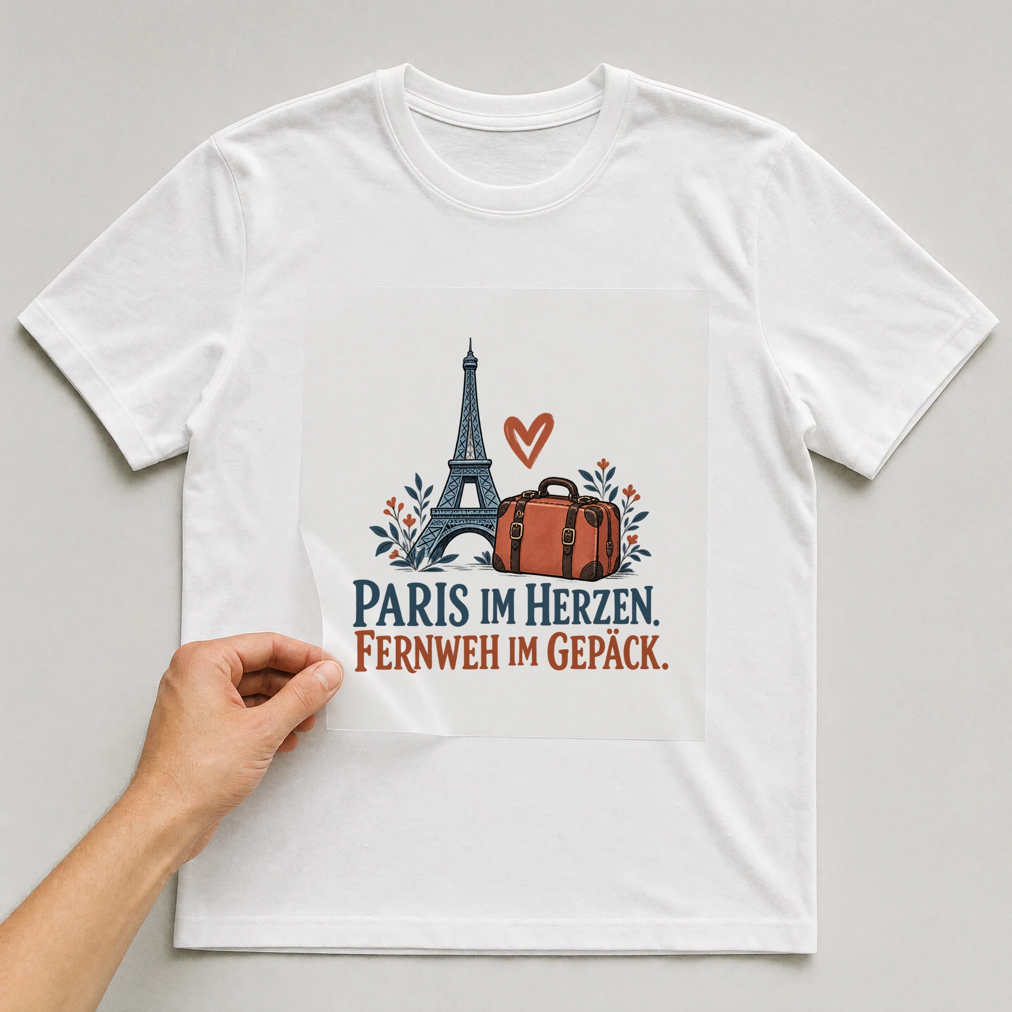 Bügelbild „PARIS IM HERZEN. FERNWEH IM GEPÄCK.“ auf weißem T-Shirt, Folie wird aufgelegt