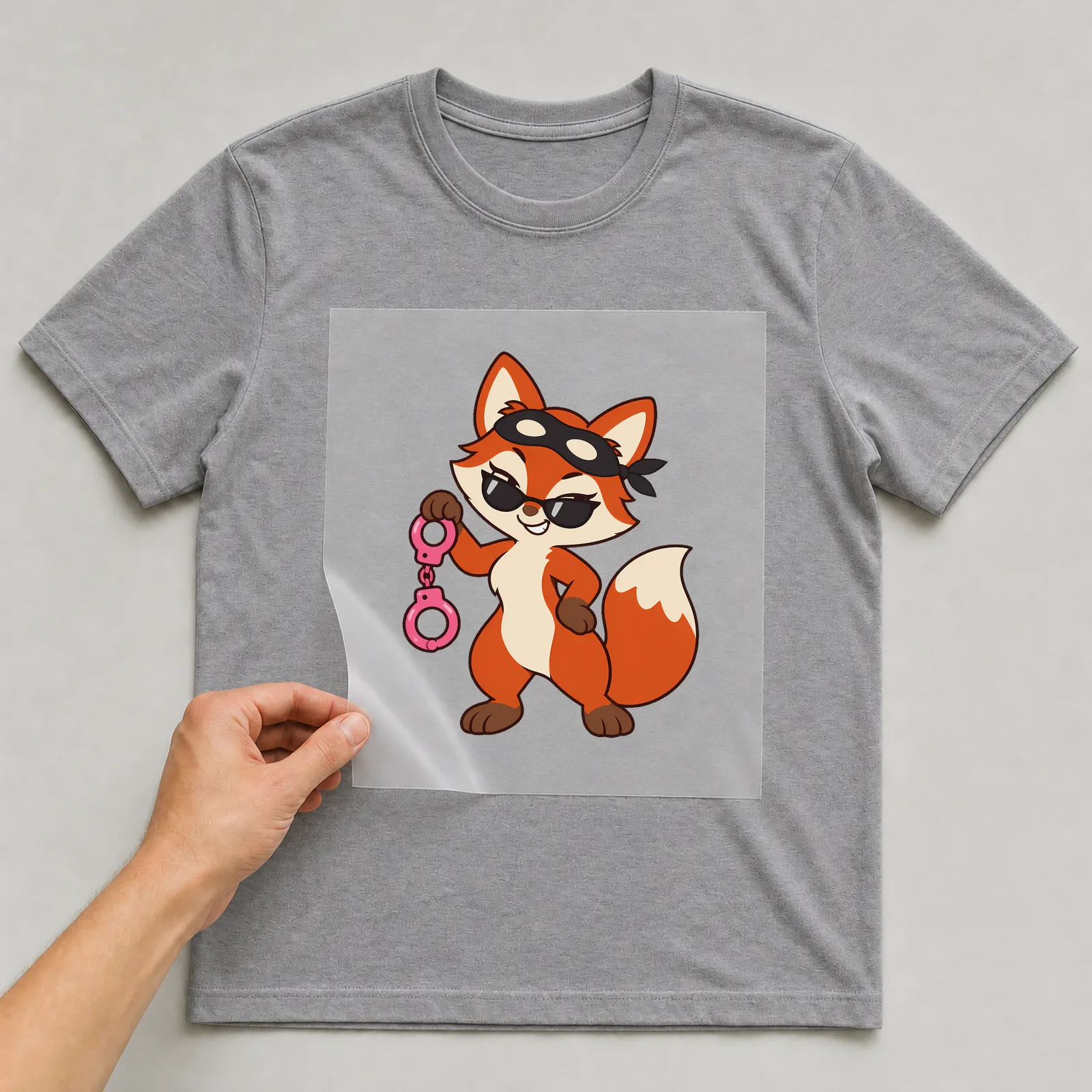 Bügelbild freundschaft fuchs handschellen auf grauem T-Shirt, Folie wird aufgelegt