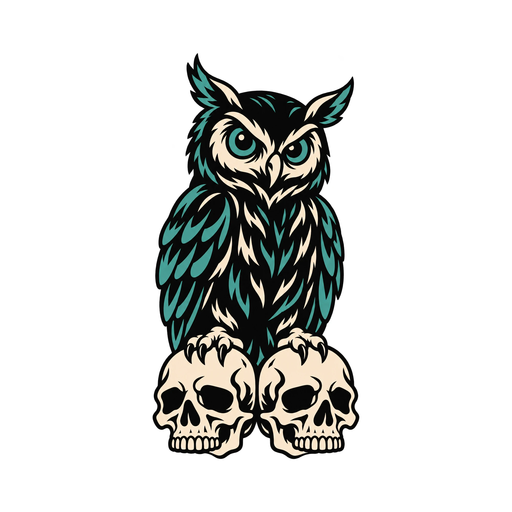 Bügelbild Eulen Totenköpfe Tattoo | Tiere Shirt Motiv als Grafik auf weißem Hintergrund (BB016116)