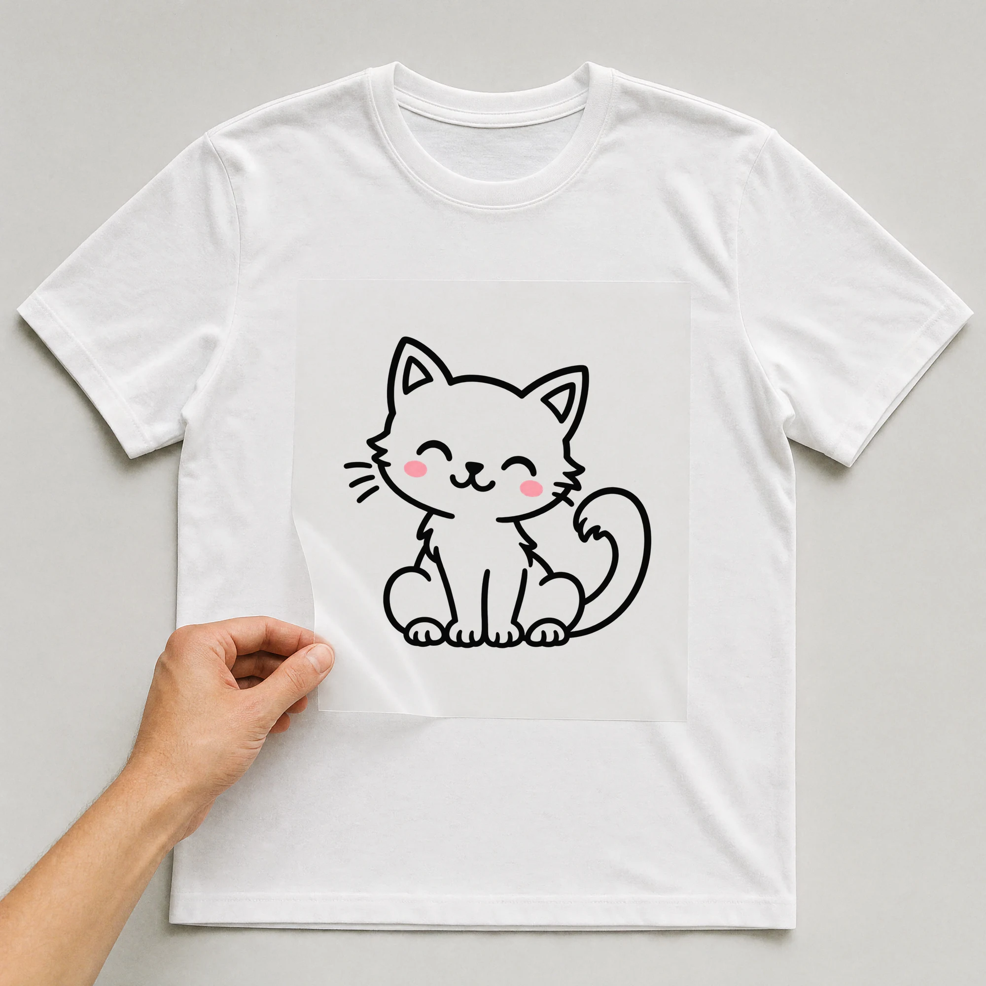 Bügelbild „Putzige Katze“ auf weißem T-Shirt, Folie wird aufgelegt