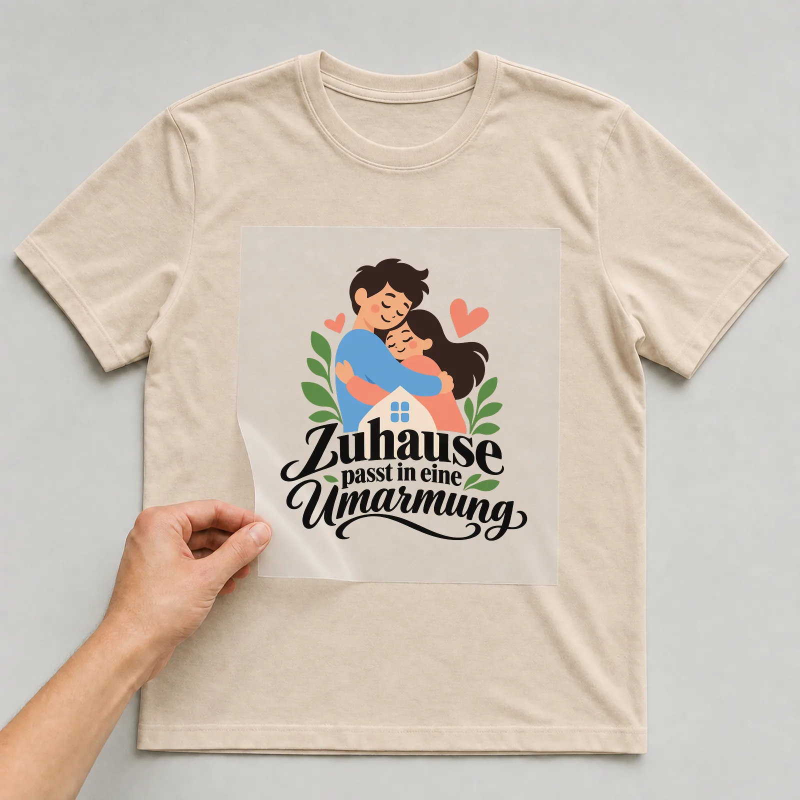Bügelbild „Zuhause passt in eine Umarmung“ auf beigem T-Shirt, Folie wird aufgelegt