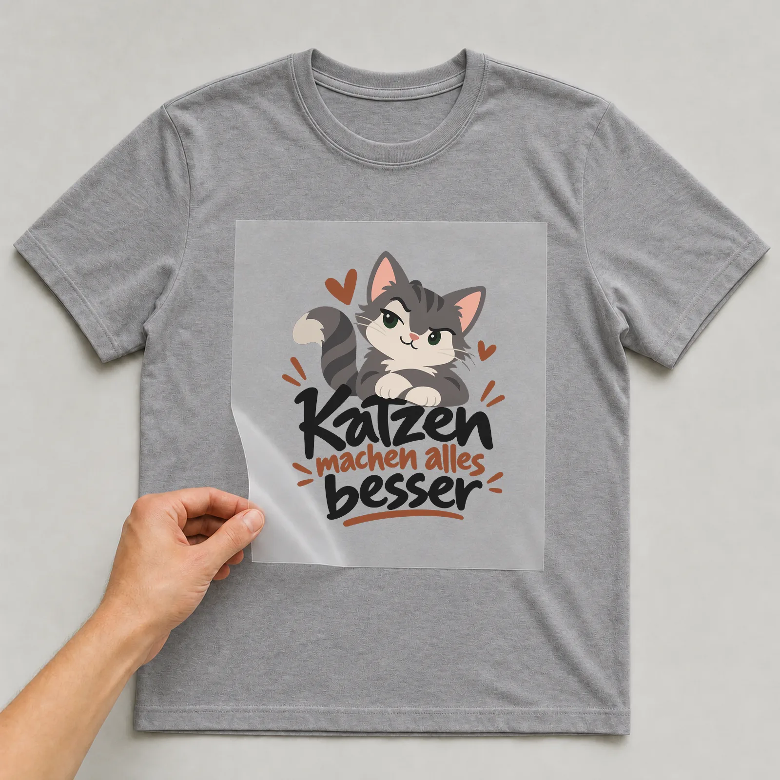 Bügelbild „Katzen machen alles besser“ auf grauem T-Shirt, Folie wird aufgelegt