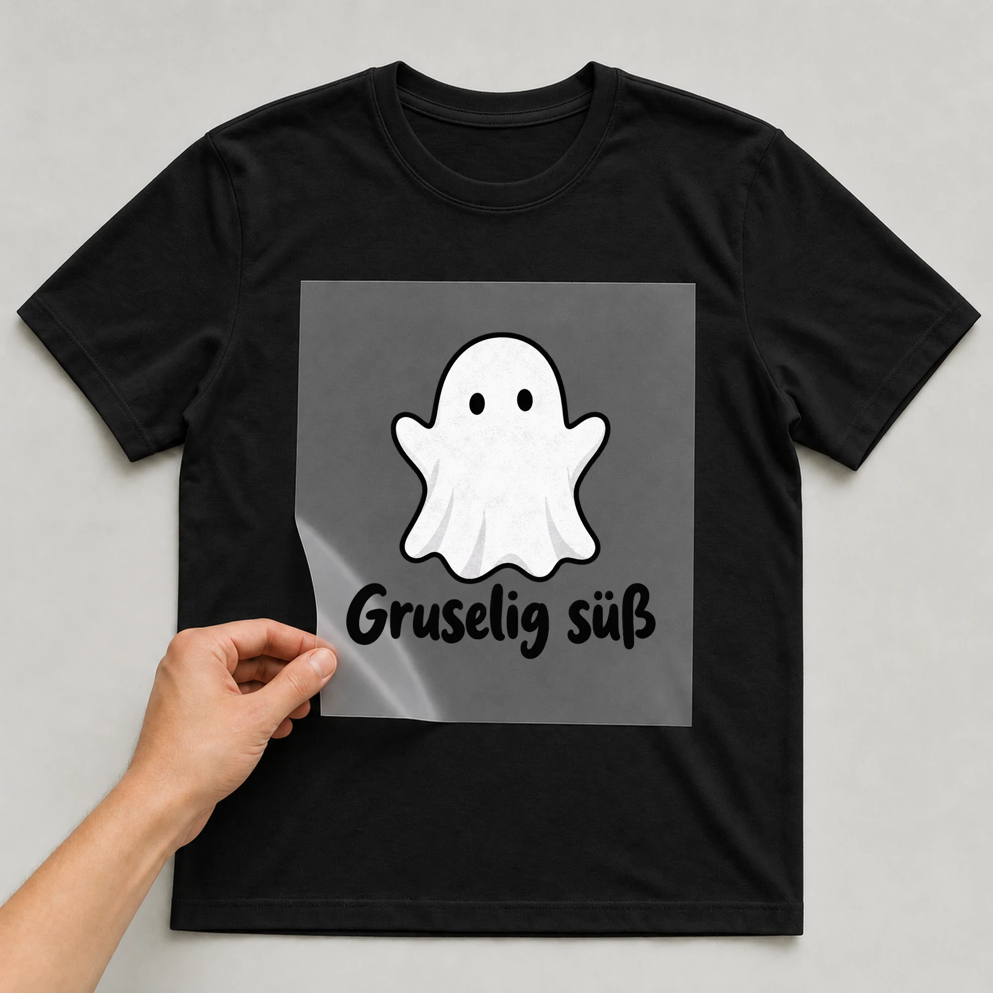 Bügelbild „Gruselig süß“ auf schwarzem T-Shirt, Folie wird aufgelegt