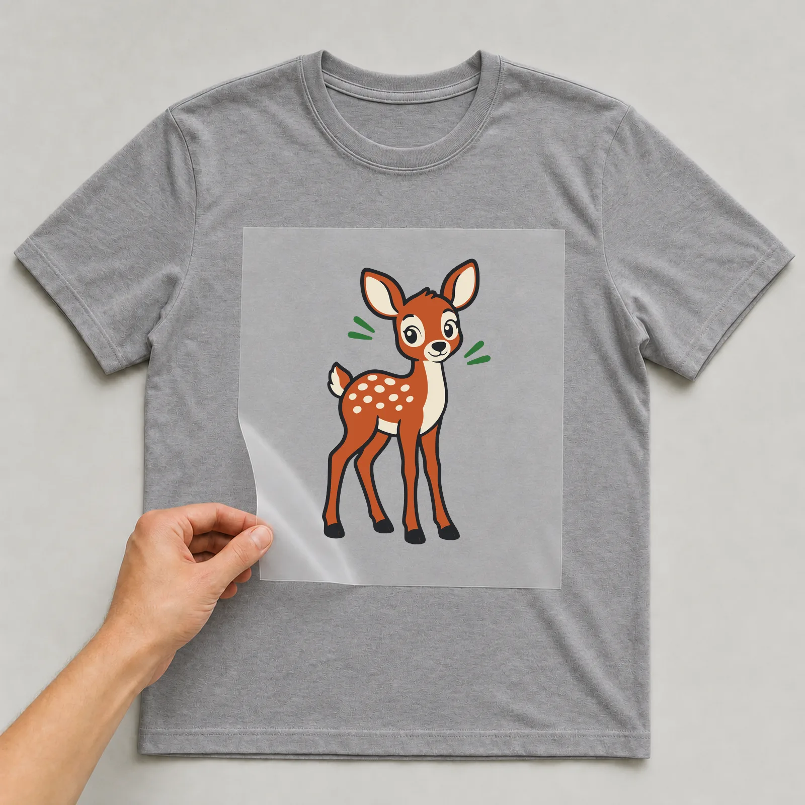 Bügelbild Reh im Comic-Stil auf grauem T-Shirt, Folie wird aufgelegt