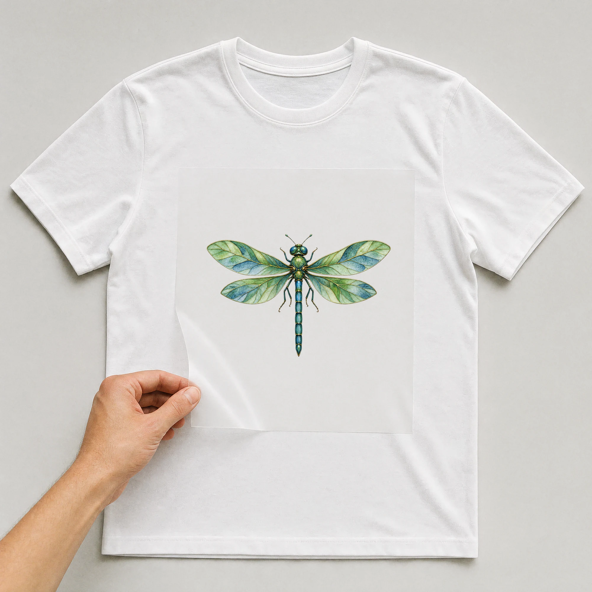 Bügelbild „Blatt Libelle“ auf weißem T-Shirt, Folie wird aufgelegt