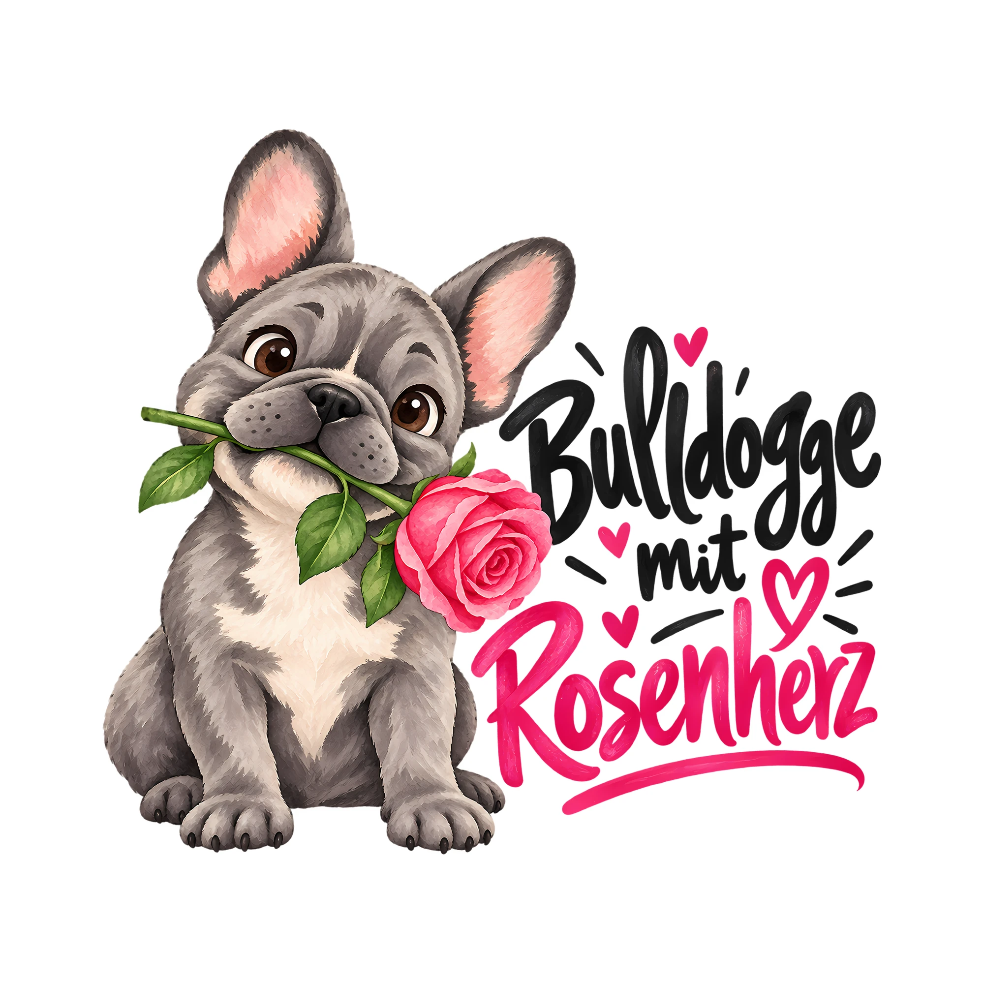 Bügelbild Bulldogge mit Rosenherz als Grafik auf weißem Hintergrund (BB013566)