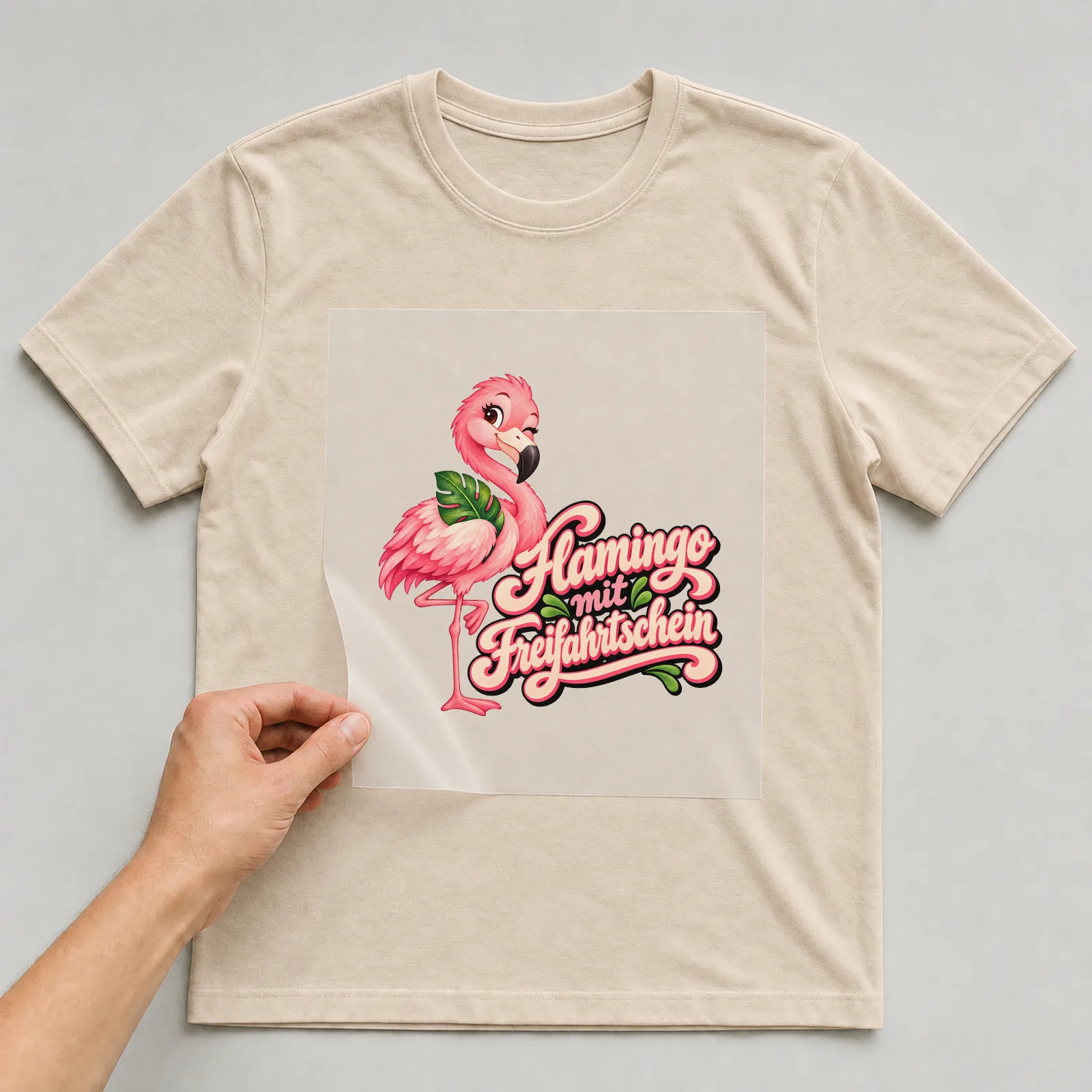 Bügelbild „Flamingo mit Freifahrtschein“ auf beigem T-Shirt, Folie wird aufgelegt