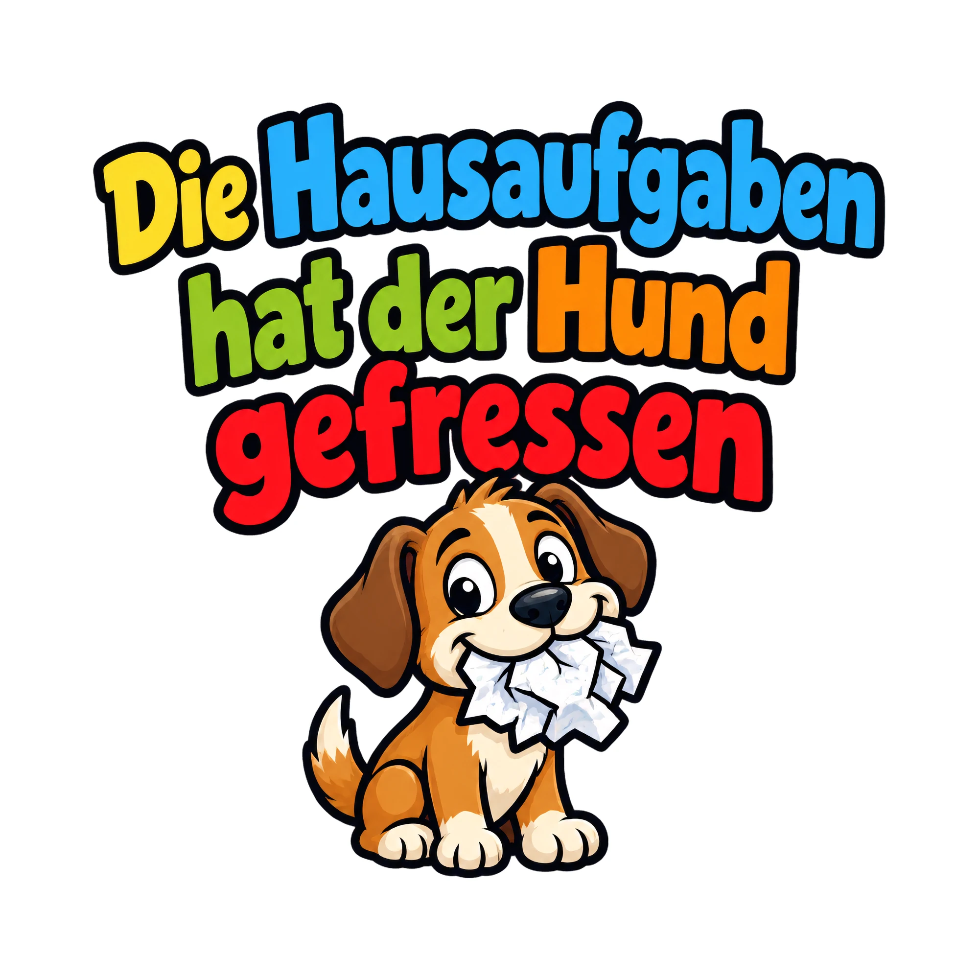 Bügelbild Die Hausaufgaben hat der Hund gefressen, Küchen Spruch Bügelbild als Grafik auf weißem Hintergrund (BB016763)