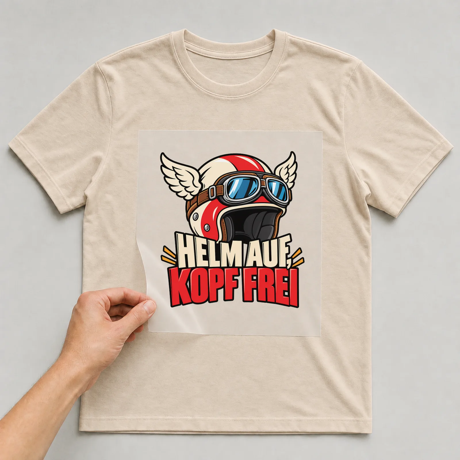 Bügelbild „Helm auf, Kopf frei“ auf beigem T-Shirt, Folie wird aufgelegt