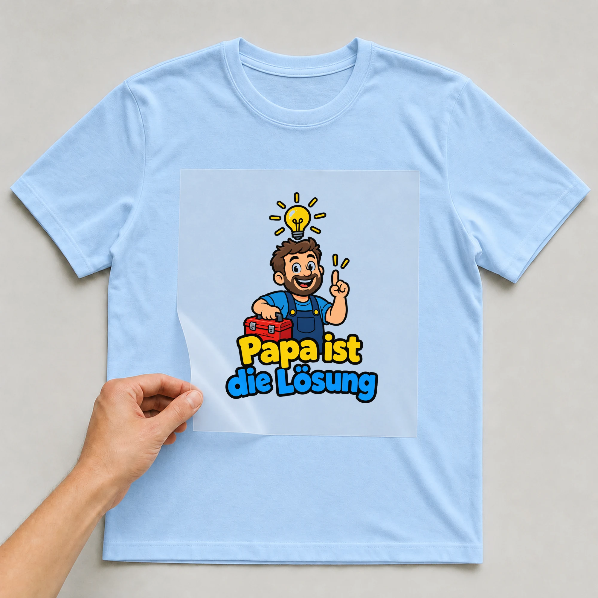 Bügelbild „Papa ist die Lösung“ auf babyblauem T-Shirt, Folie wird aufgelegt