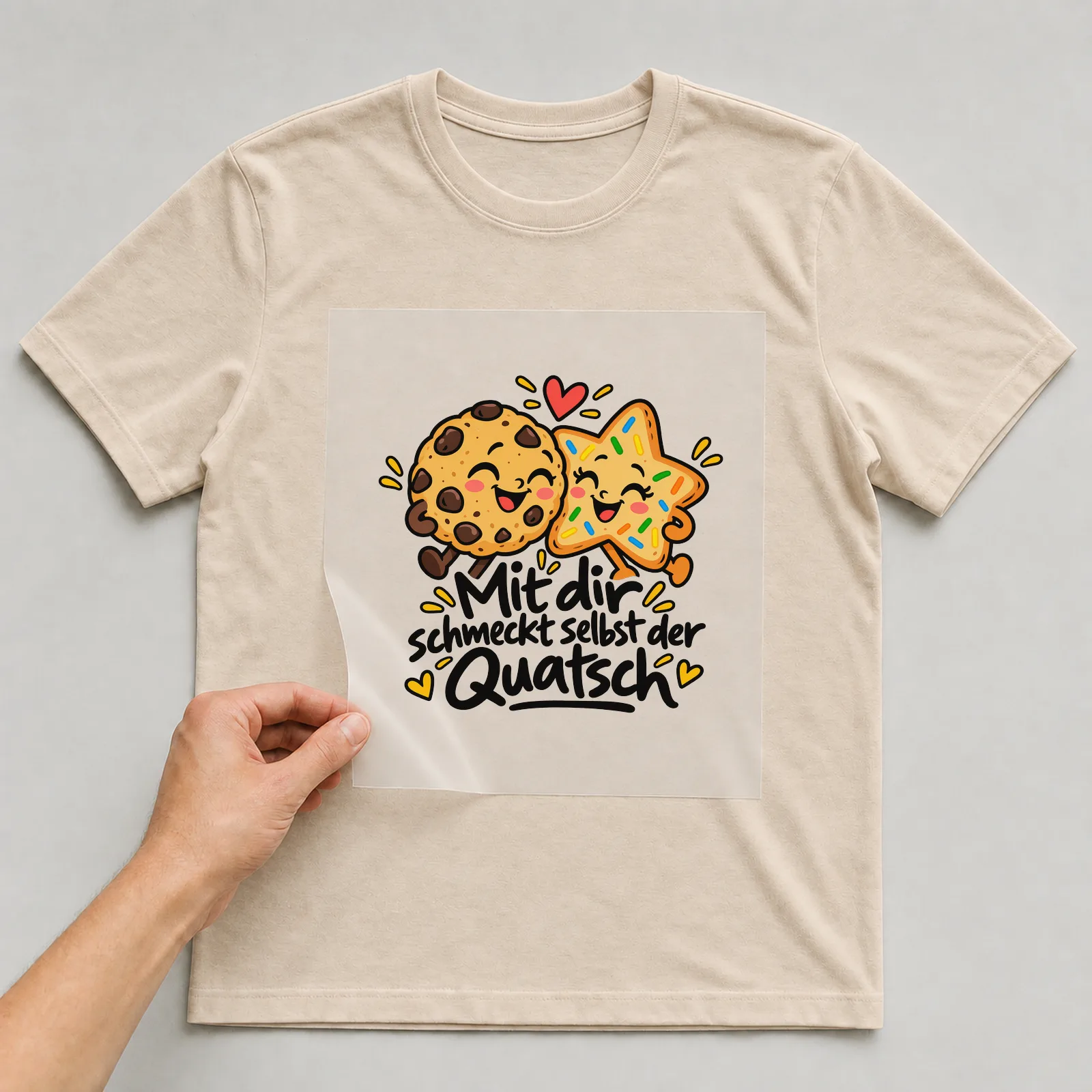 Bügelbild „Mit dir schmeckt selbst der Quatsch“ auf beigem T-Shirt, Folie wird aufgelegt