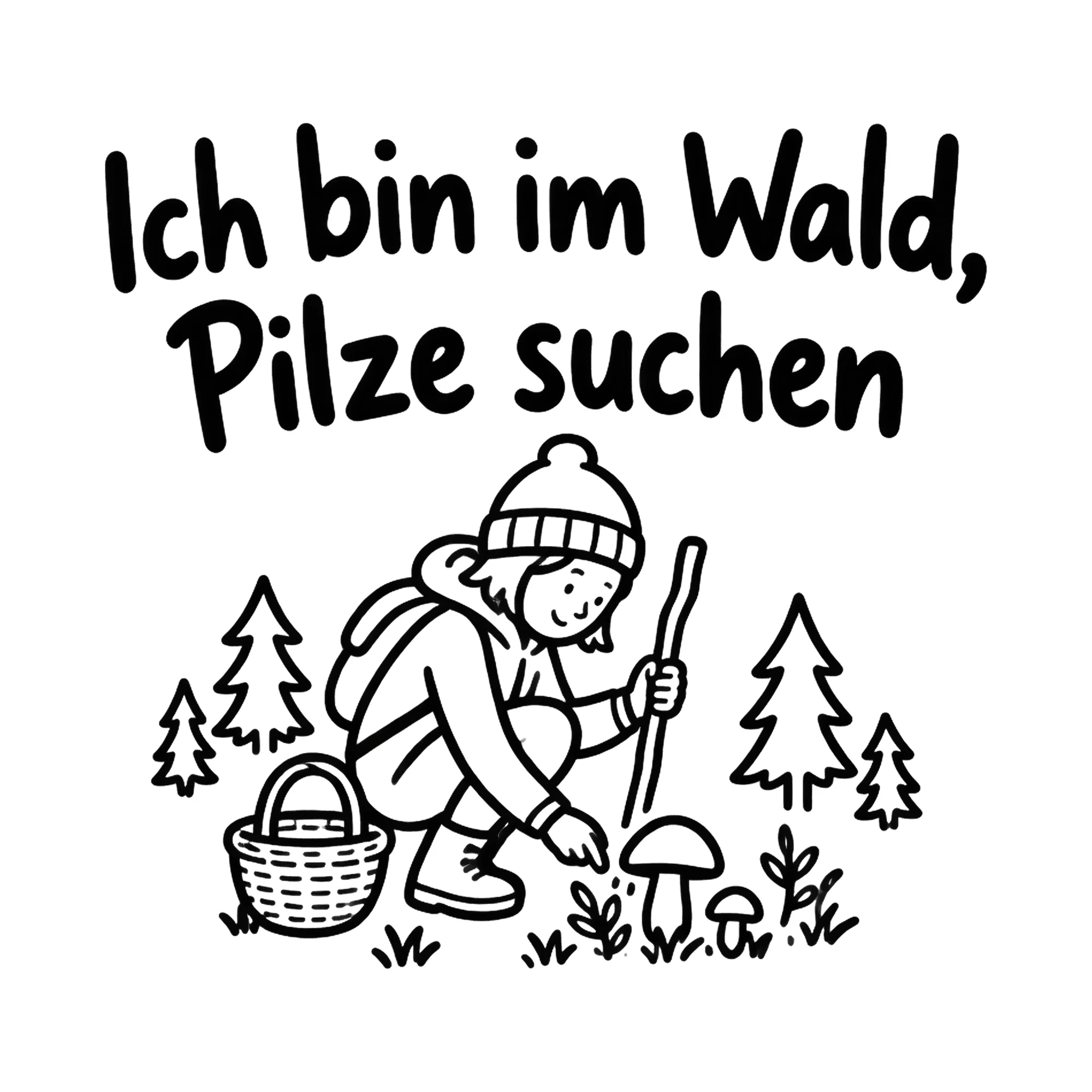 Bügelbild Ich bin im Wald, Pilze suchen als Grafik auf weißem Hintergrund (BB019340)