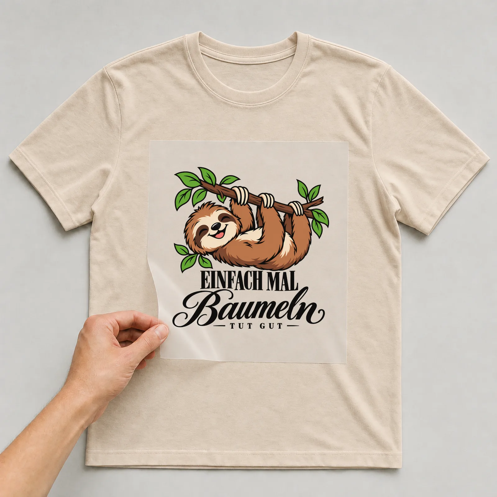 Bügelbild „Einfach mal baumeln tut gut“ auf beigem T-Shirt, Folie wird aufgelegt