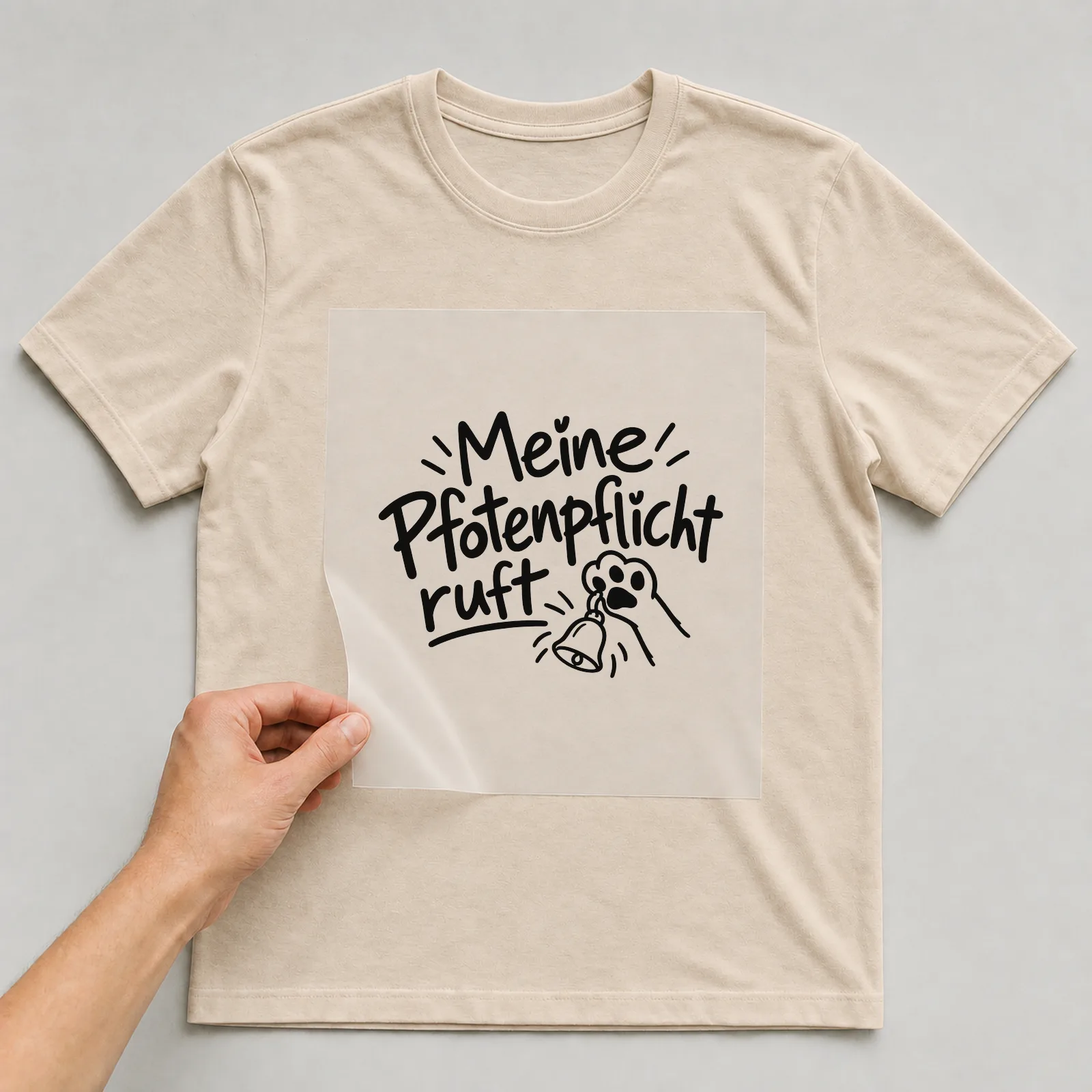Bügelbild „Meine Pfotenpflicht ruft“ auf beigem T-Shirt, Folie wird aufgelegt