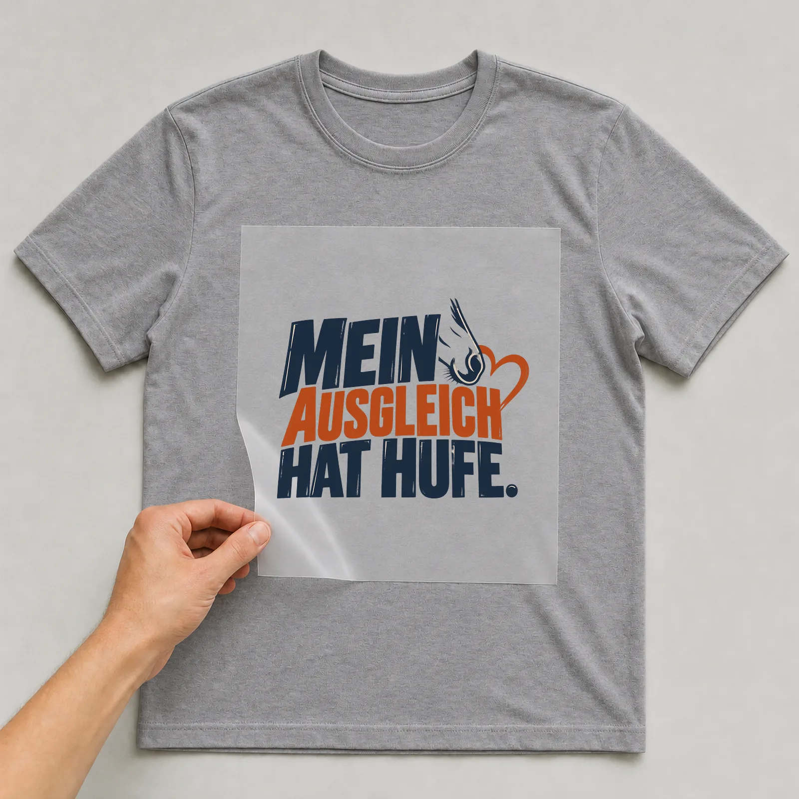 Bügelbild „Mein Ausgleich hat Hufe“ auf grauem T-Shirt, Folie wird aufgelegt