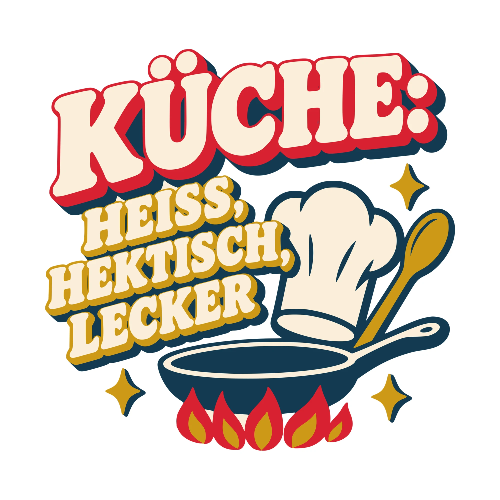 Bügelbild Küche: heiß, hektisch, lecker als Grafik auf weißem Hintergrund (BB010607)