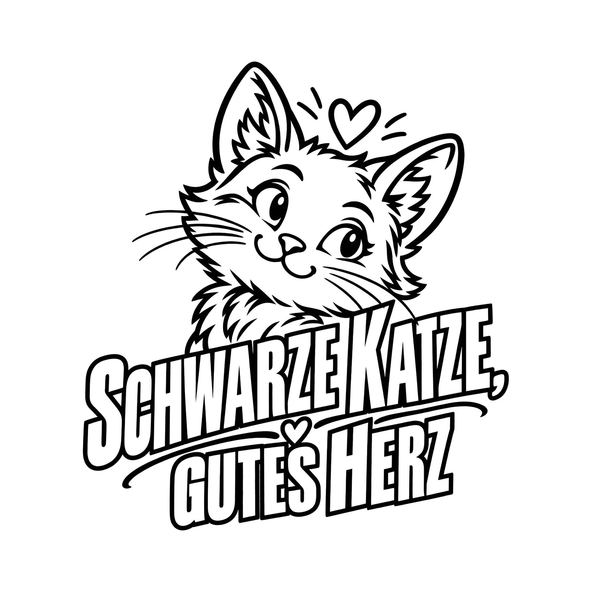 Bügelbild SCHWARZE KATZE, GUTES HERZ als Grafik auf weißem Hintergrund (BB013518)