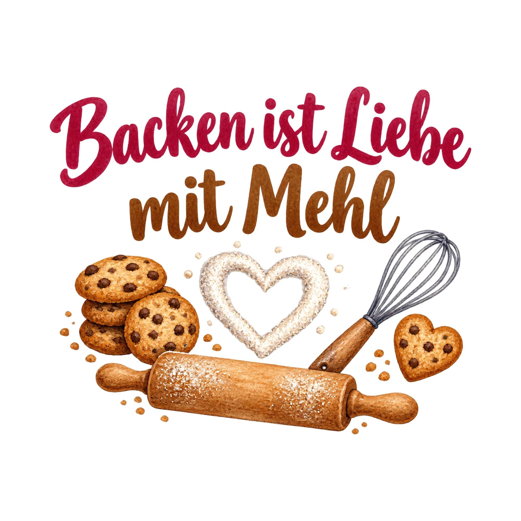 Bügelbild Backen ist Liebe mit Mehl als Grafik auf weißem Hintergrund (BB018493)