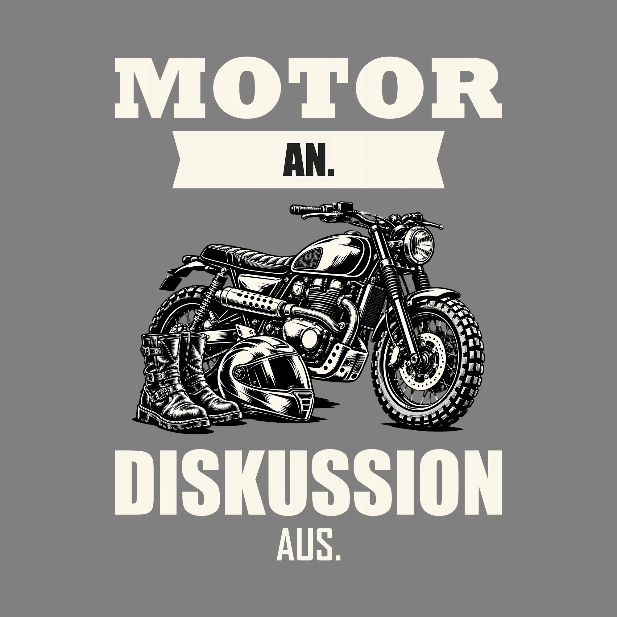 Bügelbild MOTOR AN. DISKUSSION AUS. als Grafik auf dunklem Hintergrund (BB012701)