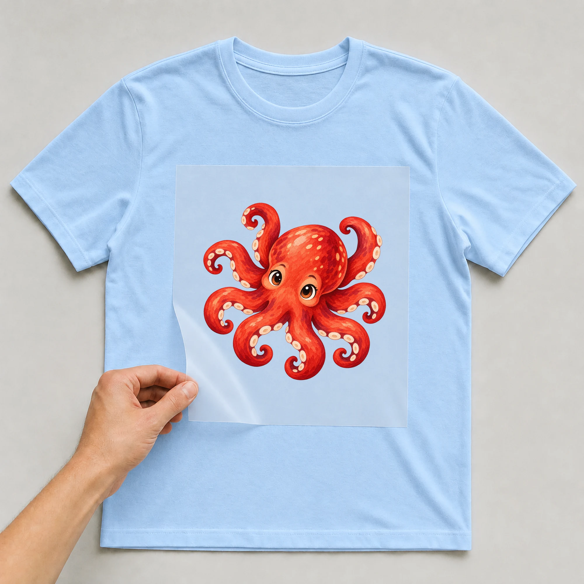 Bügelbild „Akkorokamui“ auf babyblauem T-Shirt, Folie wird aufgelegt