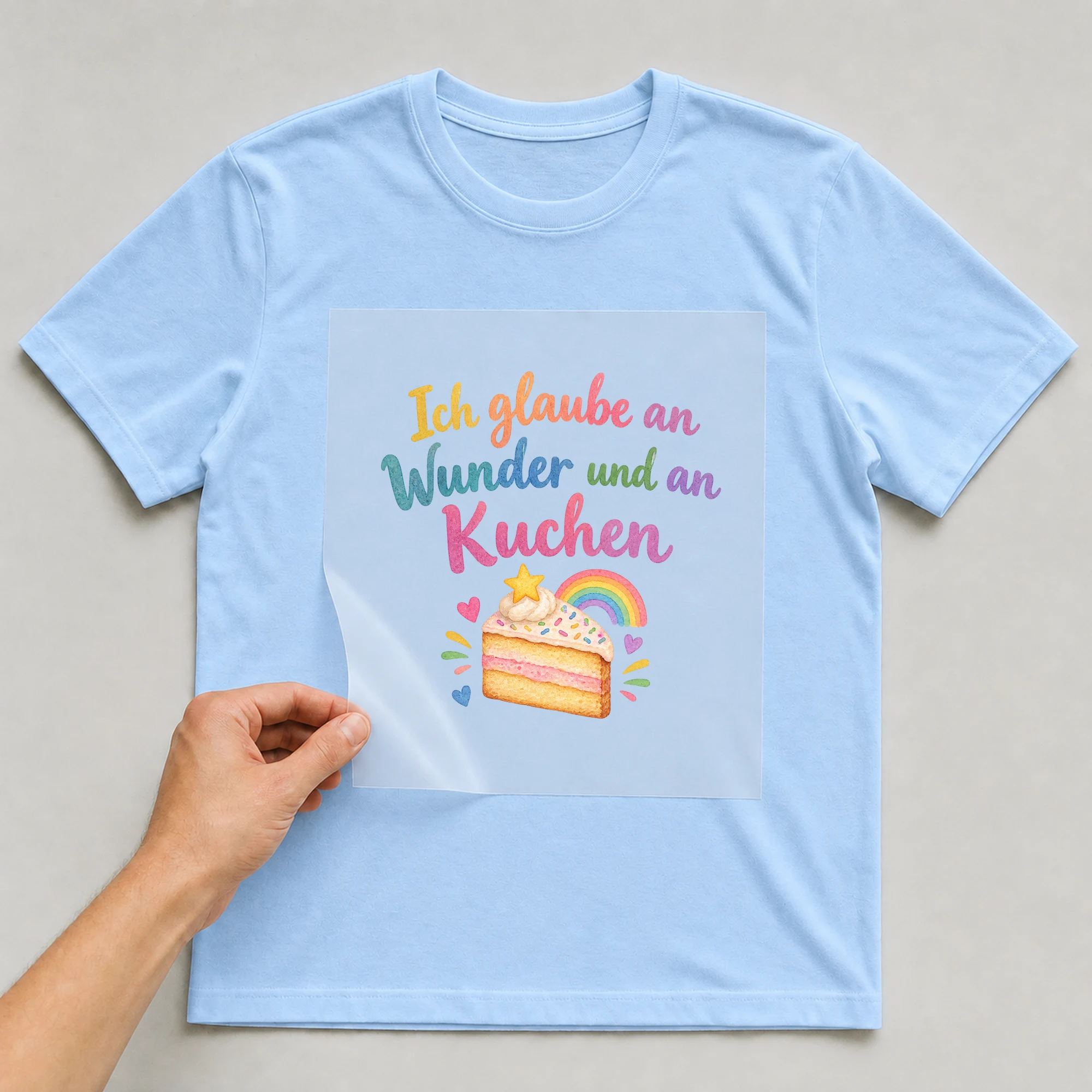 Bügelbild „Ich glaube an Wunder und an Kuchen“ auf babyblauem T-Shirt, Folie wird aufgelegt