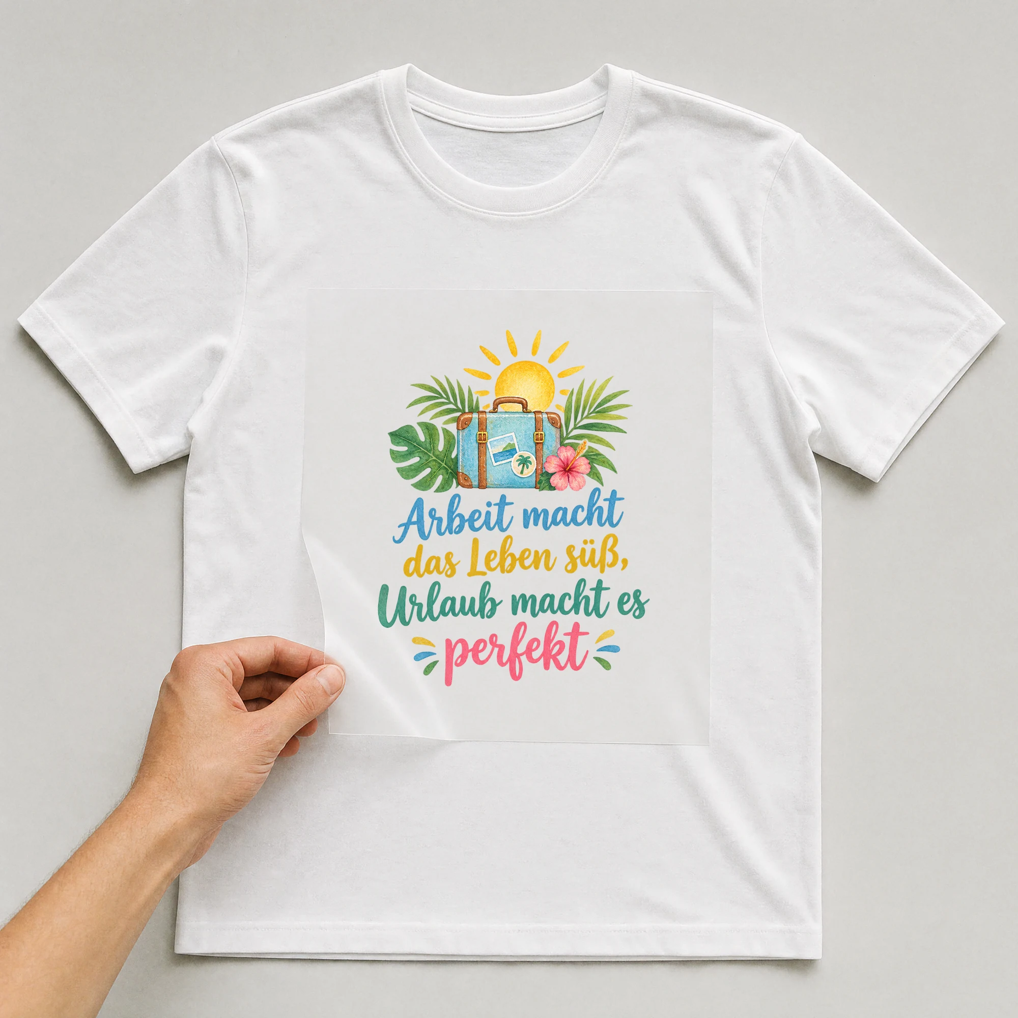 Bügelbild „Arbeit macht das Leben süß, Urlaub macht es perfekt“ auf weißem T-Shirt, Folie wird aufgelegt