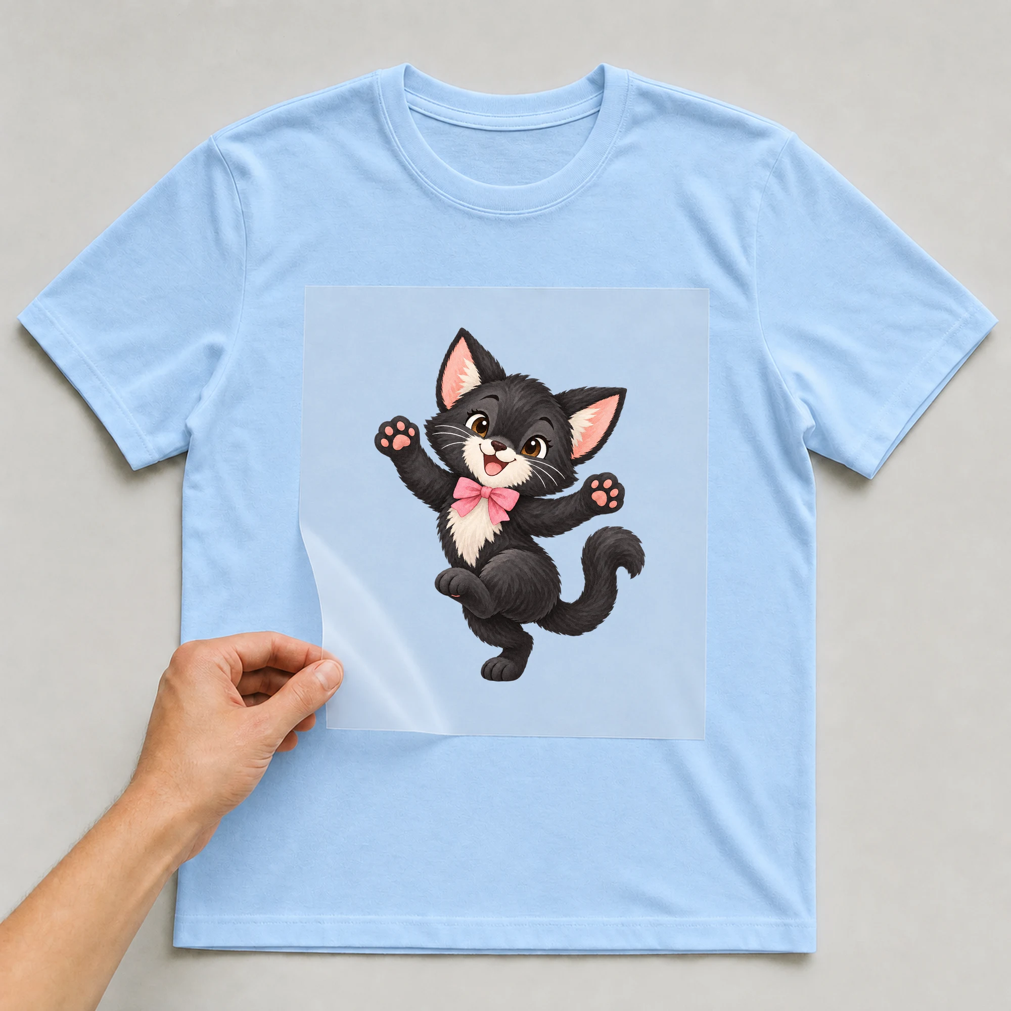Bügelbild „Tanzende Katze“ auf babyblauem T-Shirt, Folie wird aufgelegt