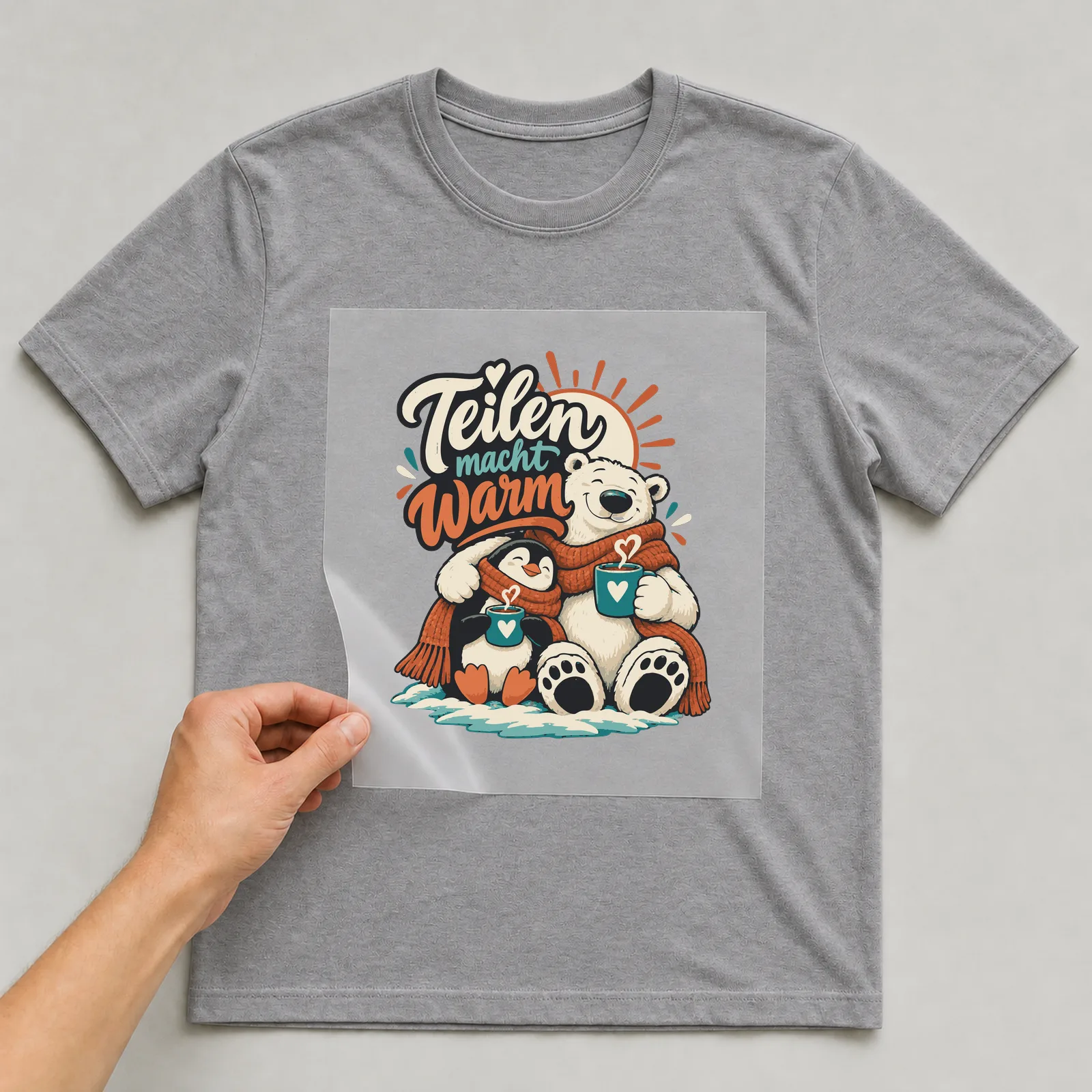 Bügelbild Teilen macht warm auf grauem T-Shirt, Folie wird aufgelegt