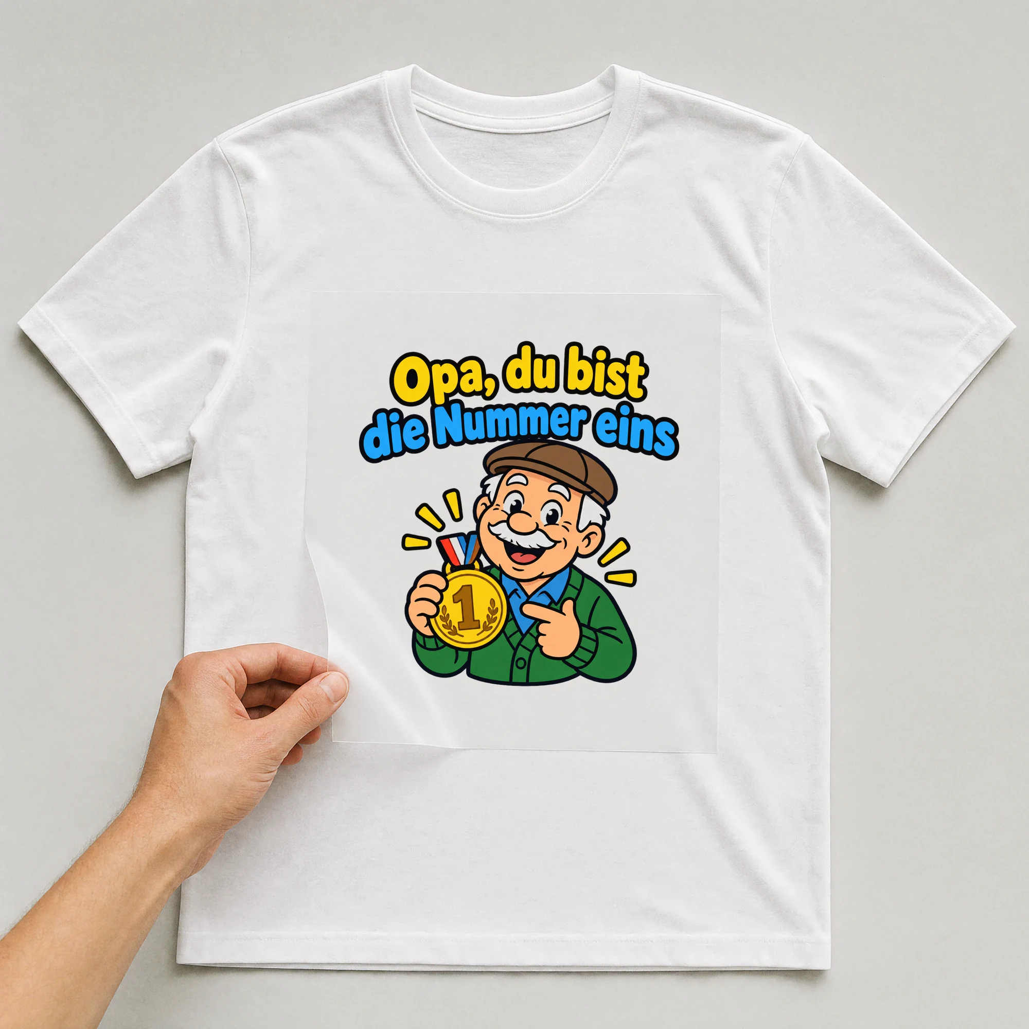 Bügelbild „Opa, du bist die Nummer eins“ auf weißem T-Shirt, Folie wird aufgelegt