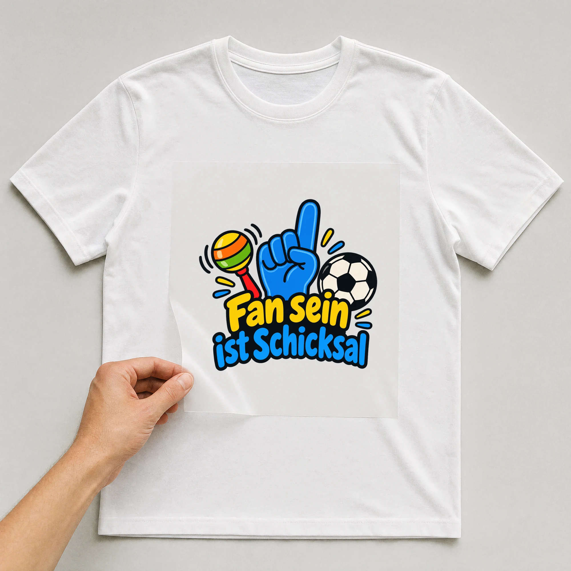 Bügelbild „Fan sein ist Schicksal“ auf weißem T-Shirt, Folie wird aufgelegt