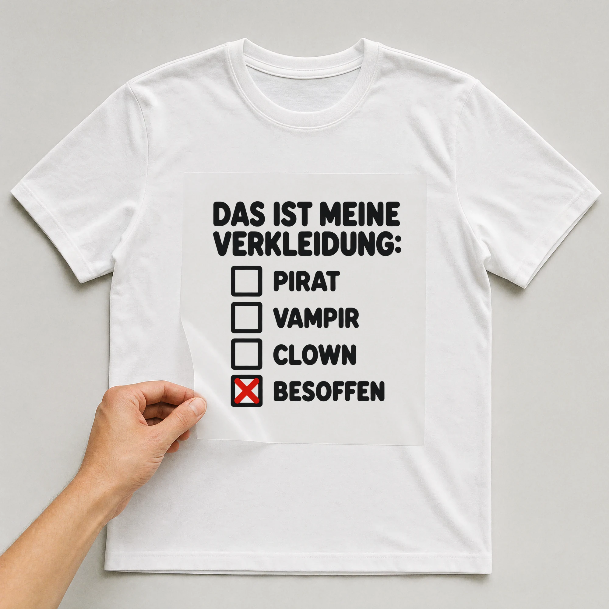 Bügelbild „DAS IST MEINE VERKLEIDUNG: PIRAT VAMPIR CLOWN BESOFFEN“ auf weißem T-Shirt, Folie wird aufgelegt