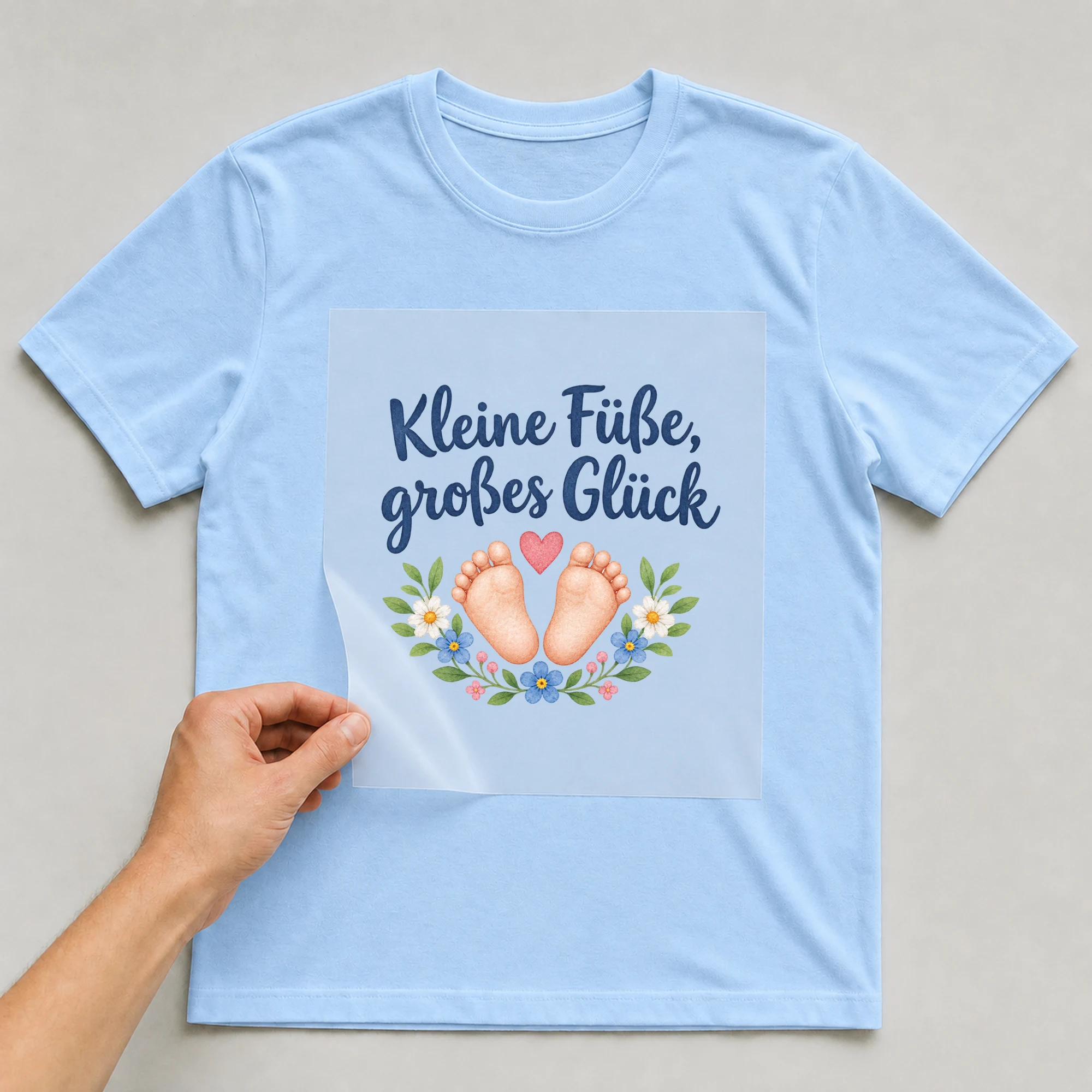 Bügelbild „Kleine Füße, großes Glück“ auf babyblauem T-Shirt, Folie wird aufgelegt
