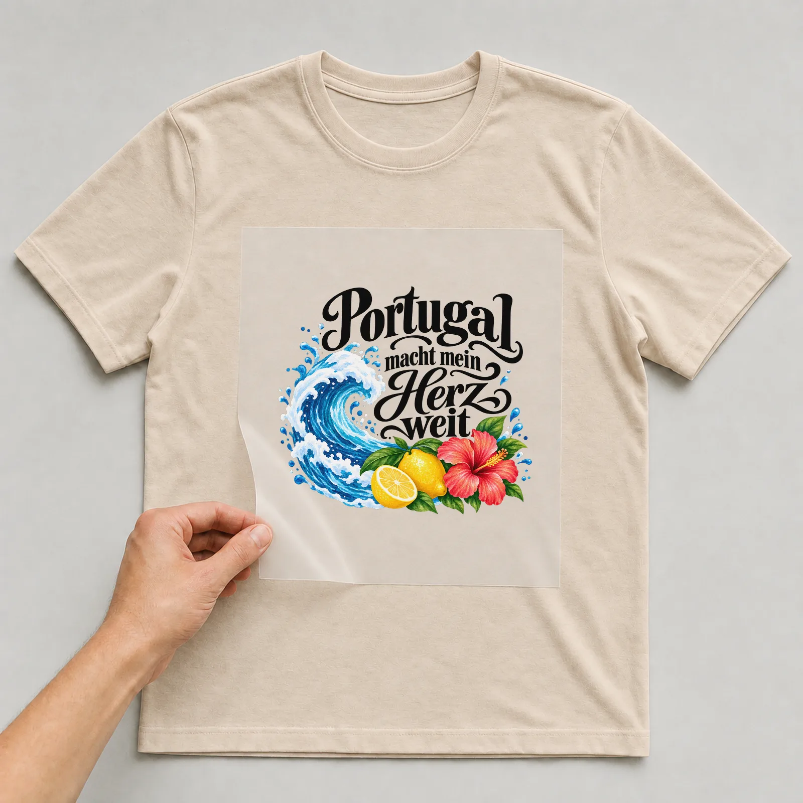 Bügelbild „Portugal macht mein Herz weit“ auf beigem T-Shirt, Folie wird aufgelegt