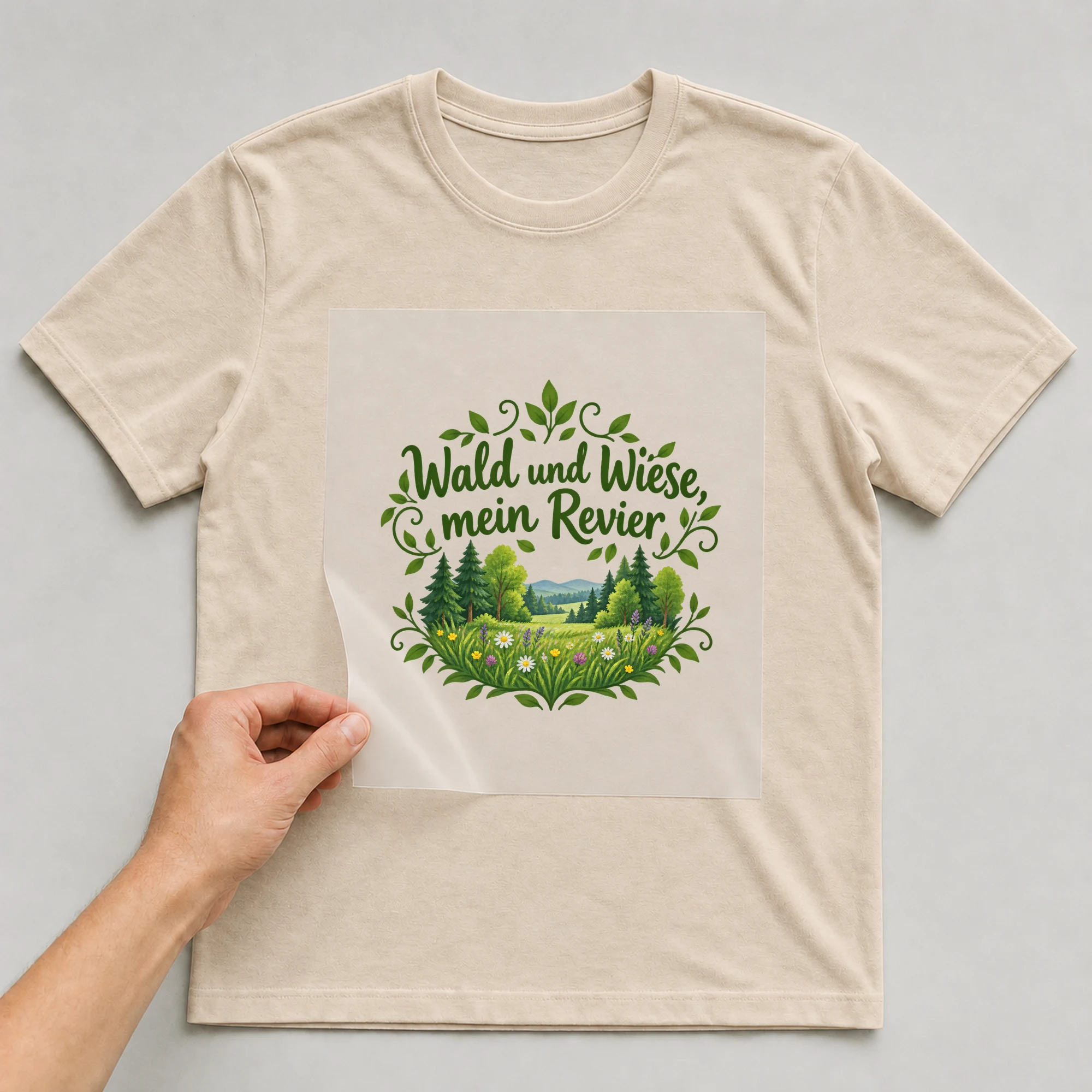 Bügelbild „Wald und Wiese, mein Revier“ auf beigem T-Shirt, Folie wird aufgelegt