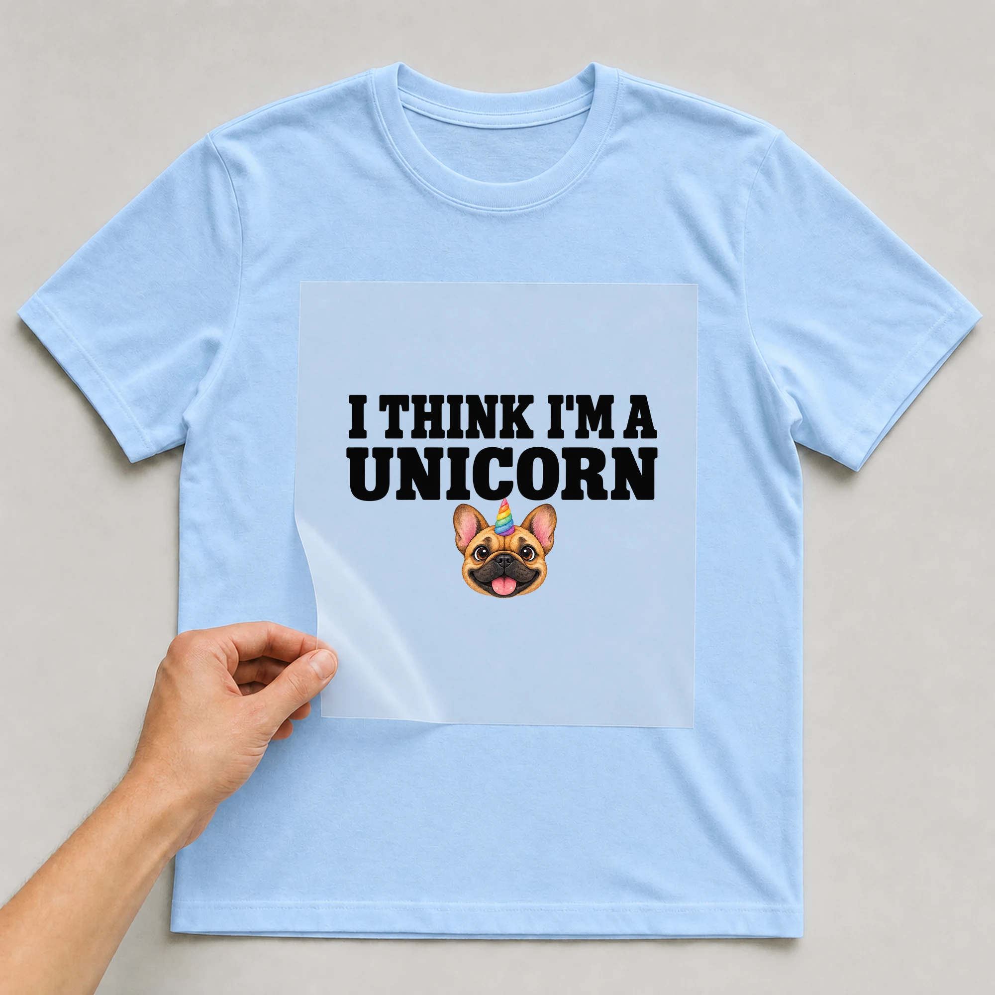 Bügelbild „I Think I'm A Unicorn“ auf babyblauem T-Shirt, Folie wird aufgelegt